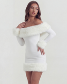 Abito mini Bella off-shoulder pelliccia bianco Bella di Roma – bordi pelliccia sintetica