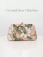 Pochette rigida con ricamo floreale avorio e verde e catena dorata