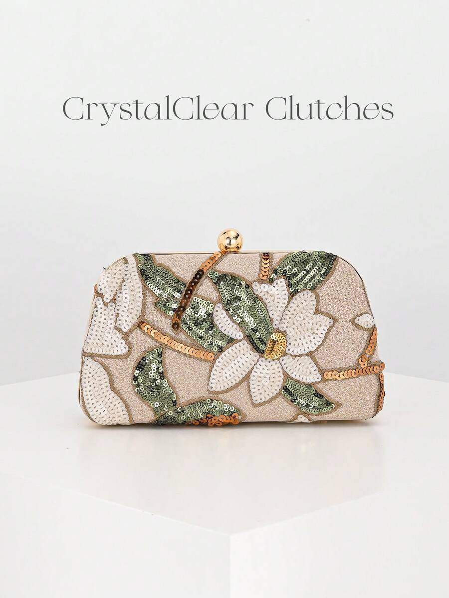 Pochette rigida con ricamo floreale avorio e verde e catena dorata