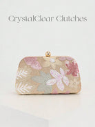 Pochette a mezzaluna con fiori rosa e oro e catena dorata