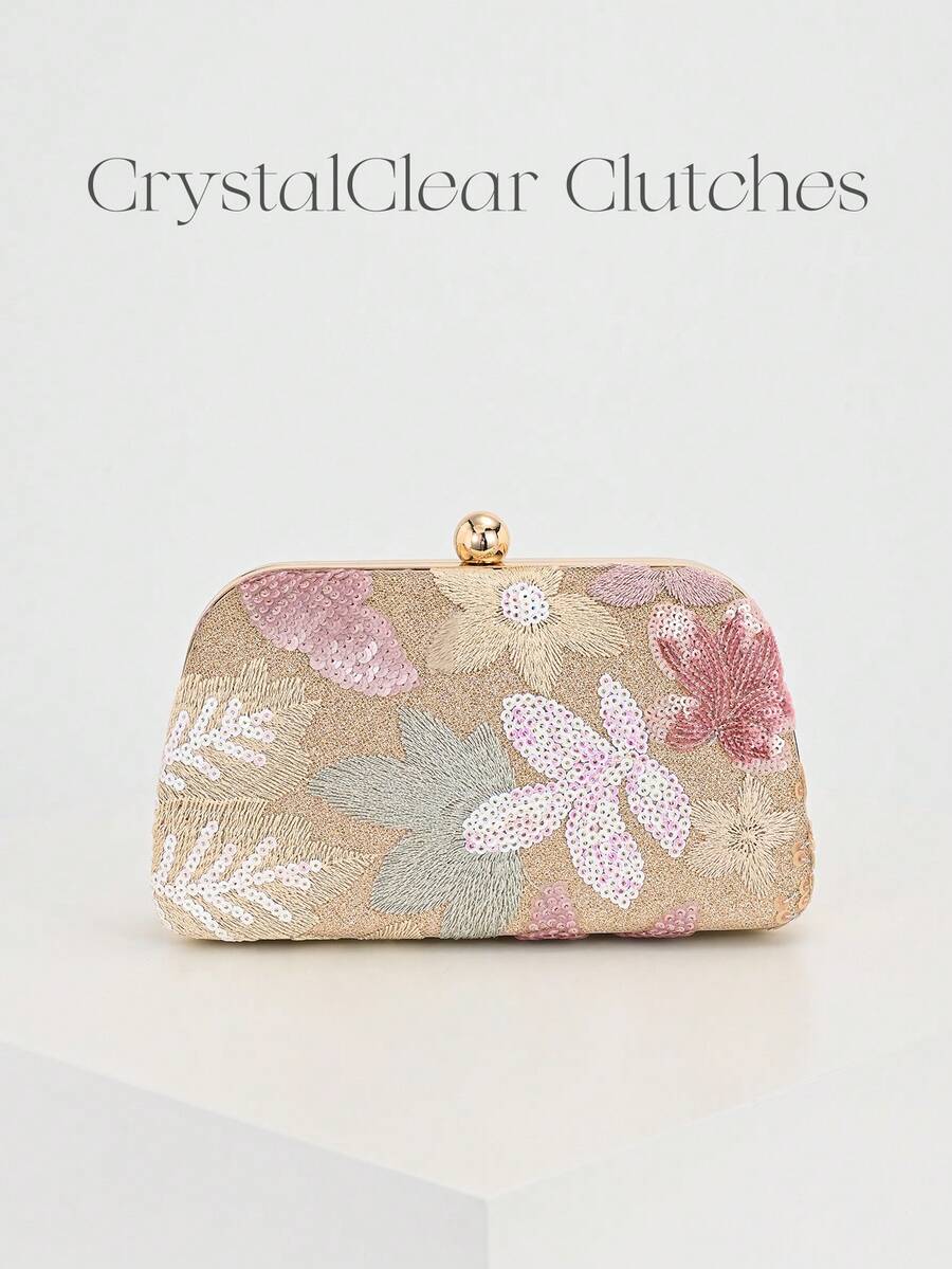 Pochette a mezzaluna con fiori rosa e oro e catena dorata