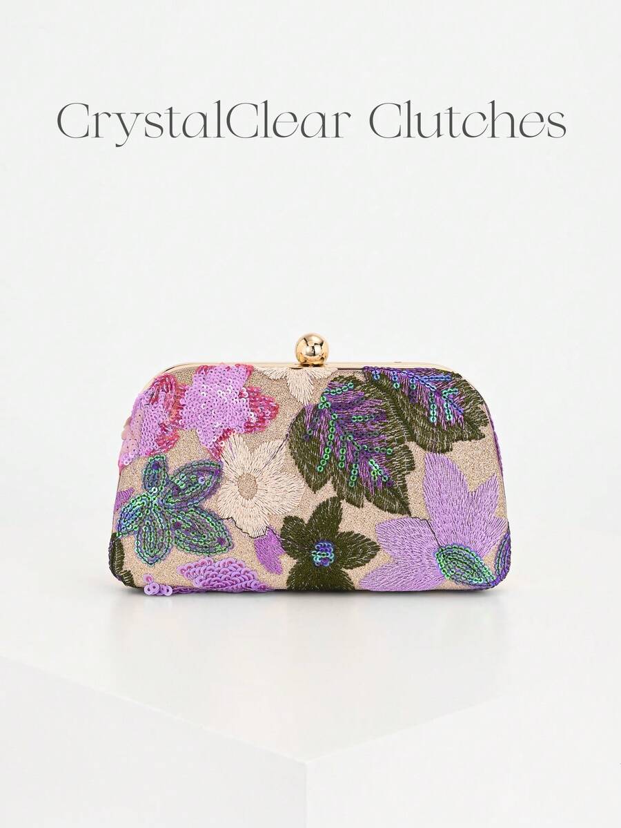 Pochette a mezzaluna con fantasia floreale viola e lilla e catena dorata