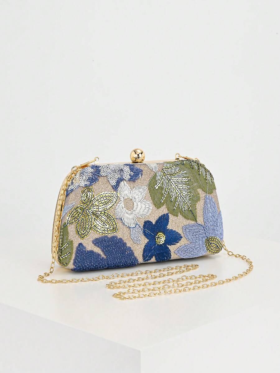 Pochette con fiori blu e verdi, vista frontale