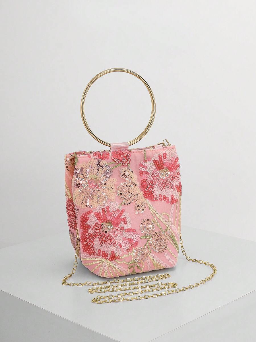 Catena dorata removibile della mini borsa in broccato rosa
