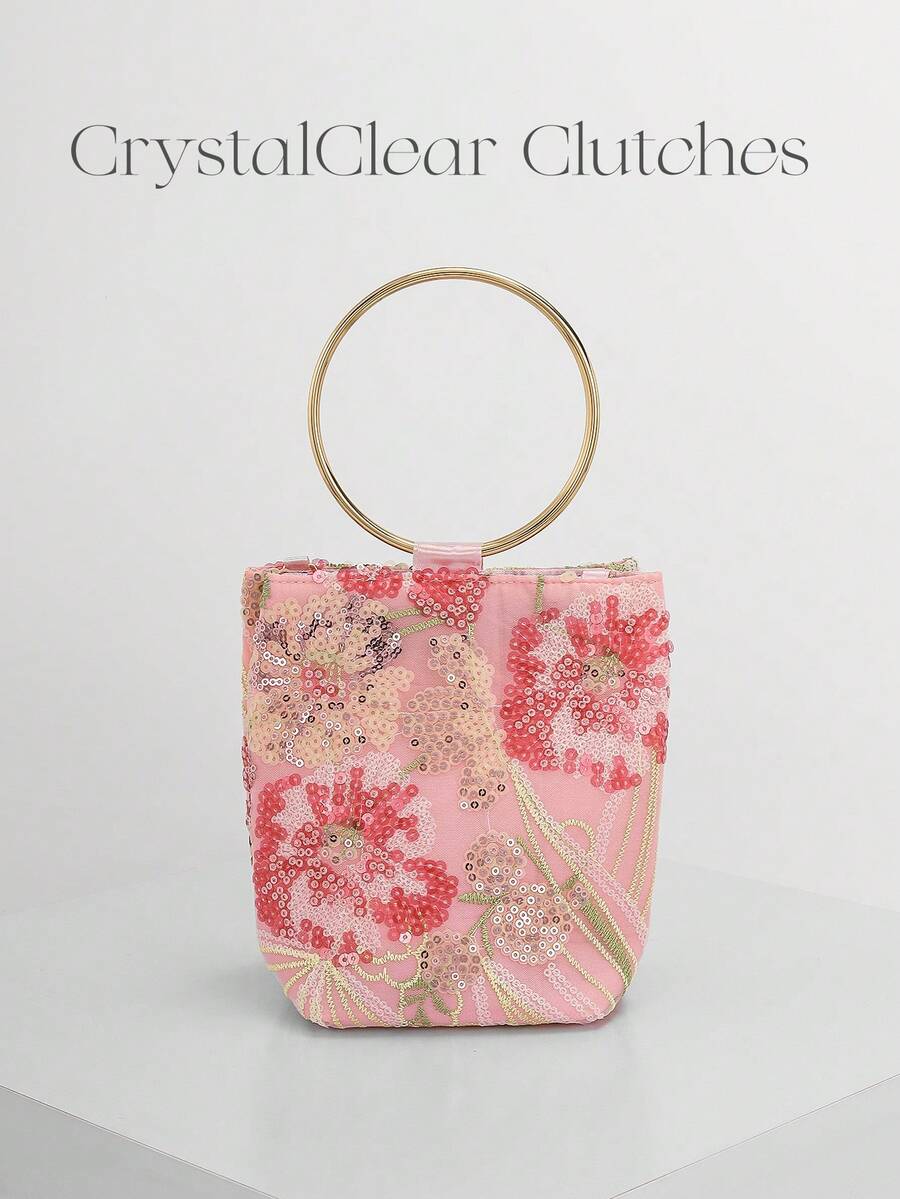 Mini borsa in broccato floreale rosa con manico ad anello dorato