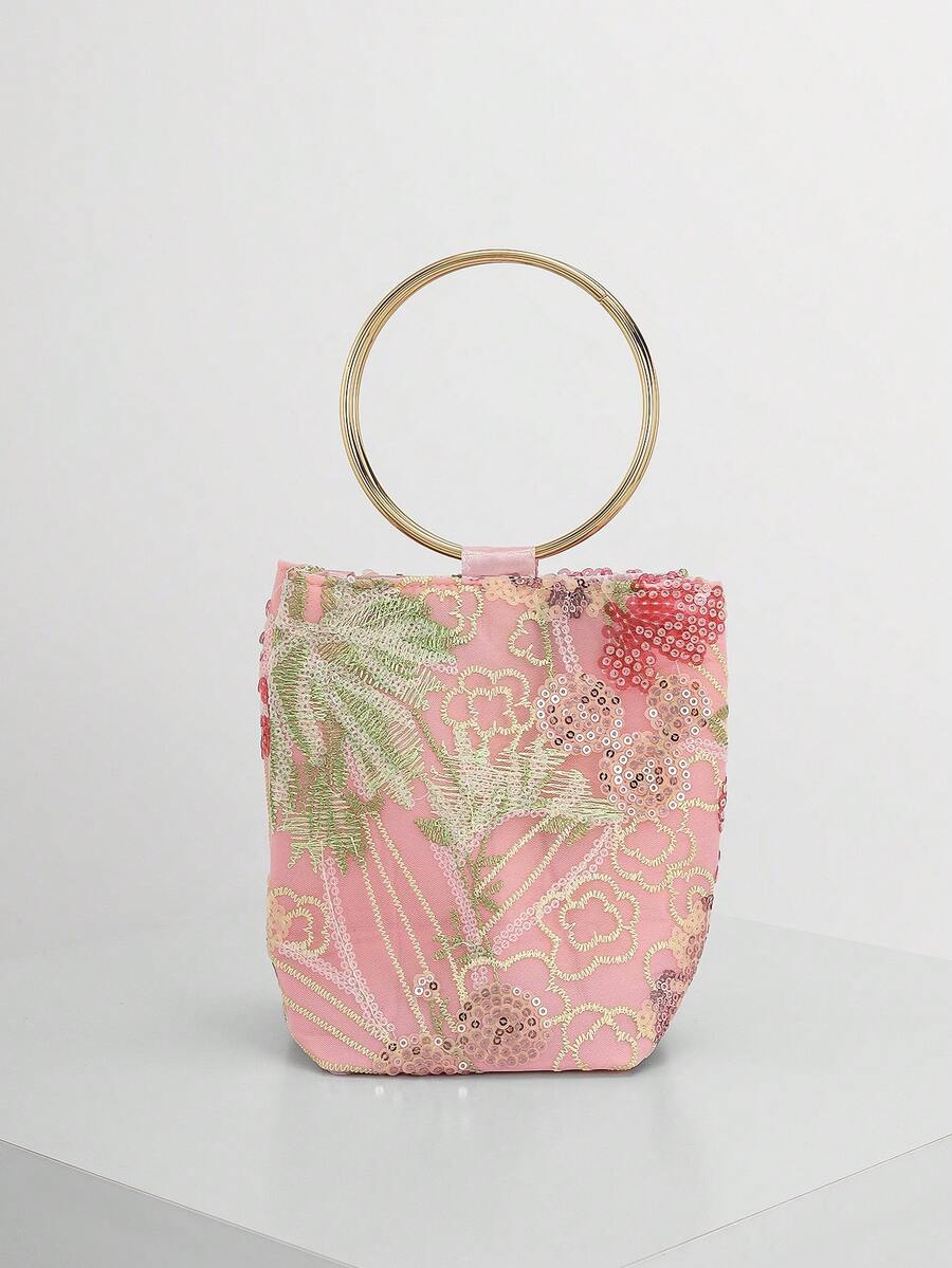 Manico rigido ad anello dorato della mini borsa rosa