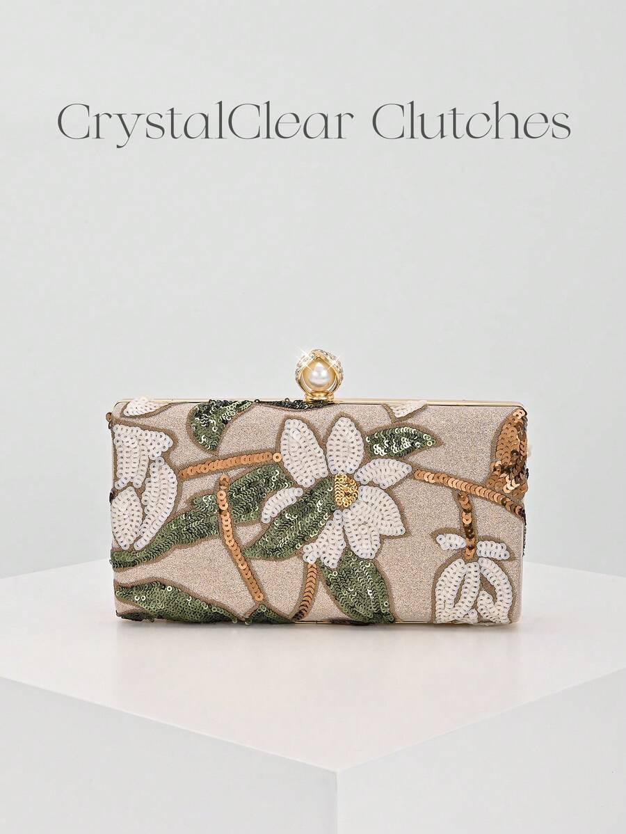 Clutch rigida con motivo floreale verde su fondo avorio e catena dorata