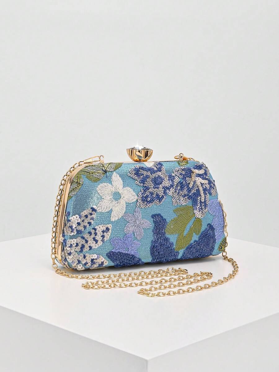 Pochette floreale blu e lilla, vista frontale