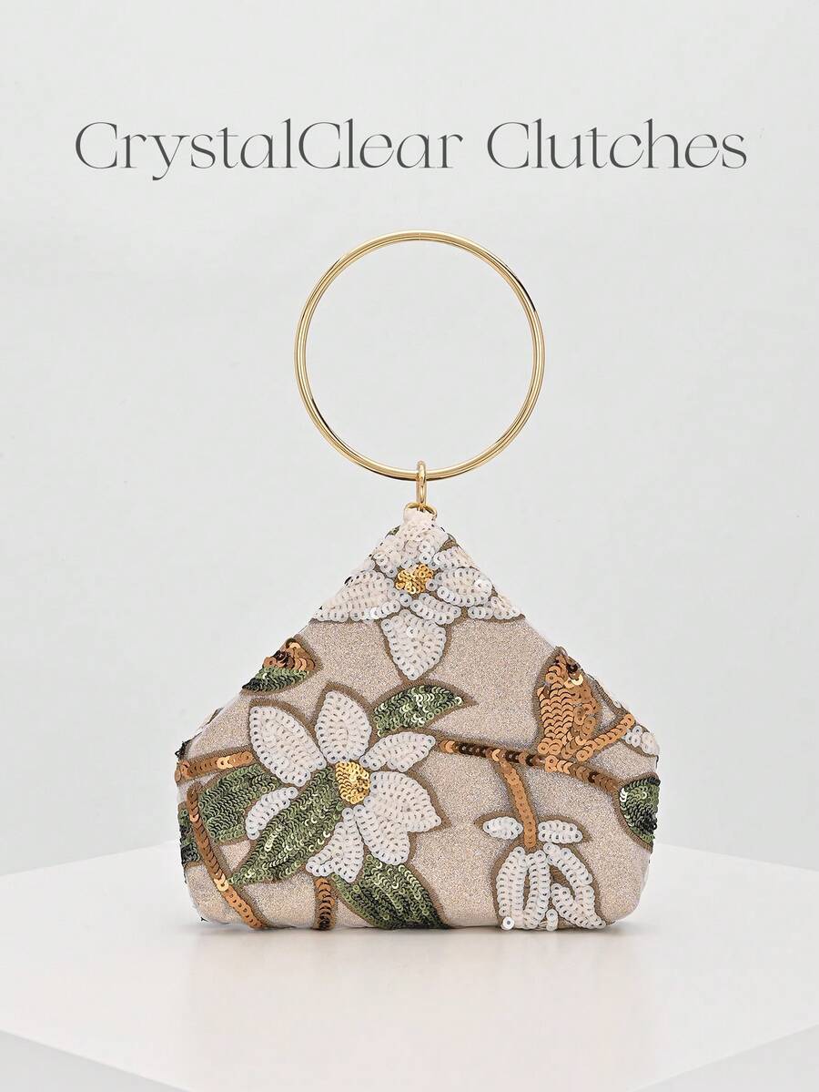 Mini borsa con stampa floreale verde e manico ad anello dorato