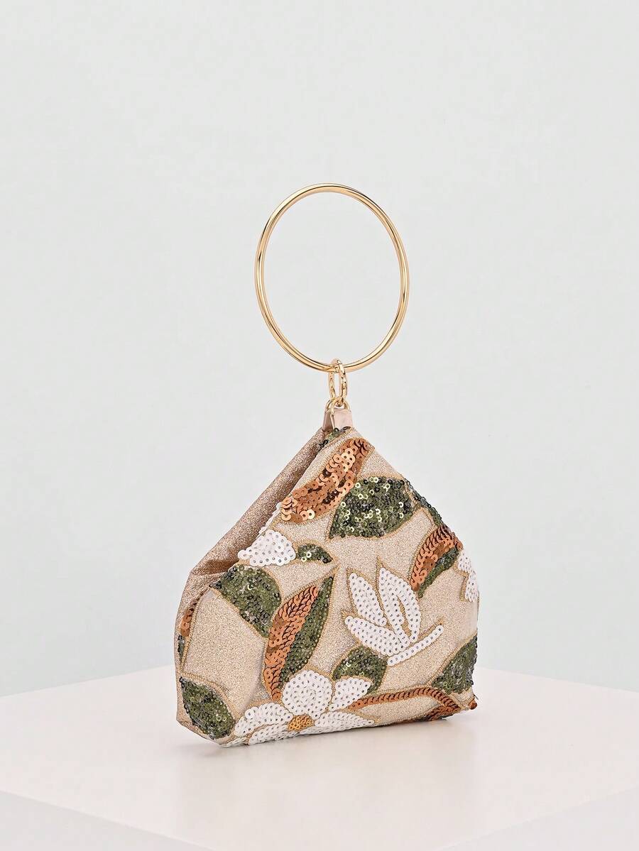 Manico rigido ad anello dorato della mini borsa floreale