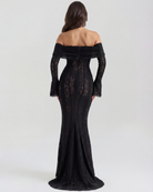 Abito maxi Alessandra nero pizzo off-shoulder Bella di Roma – taglie XS-XL