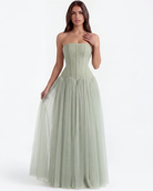 Abito maxi Arabella rete verde Bella di Roma – silhouette eterea romantica