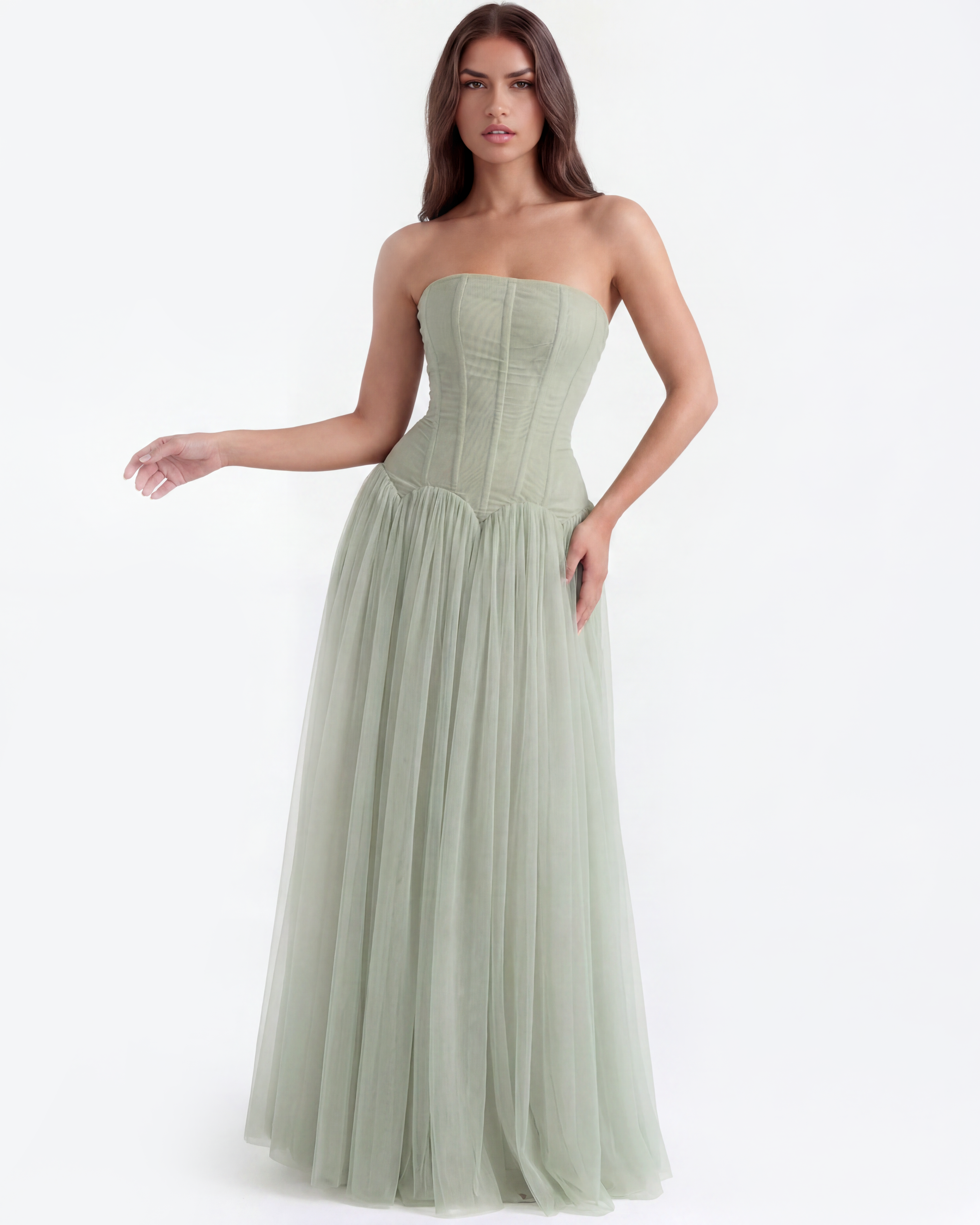 Abito maxi Arabella rete verde Bella di Roma – gonna vita bassa fluida