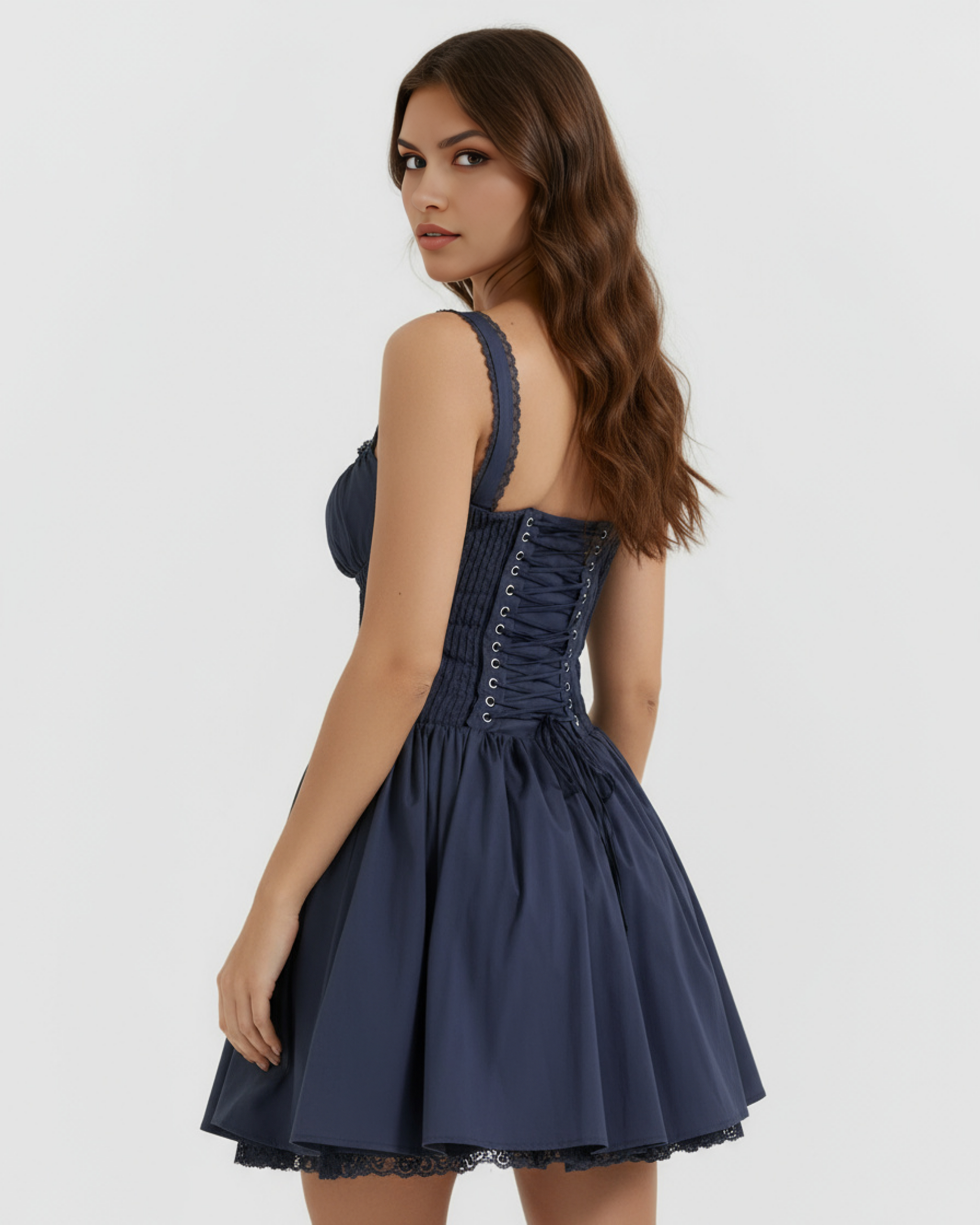 Abito mini Luna blu scuro scollo cuore Bella di Roma – taglie XS-XL