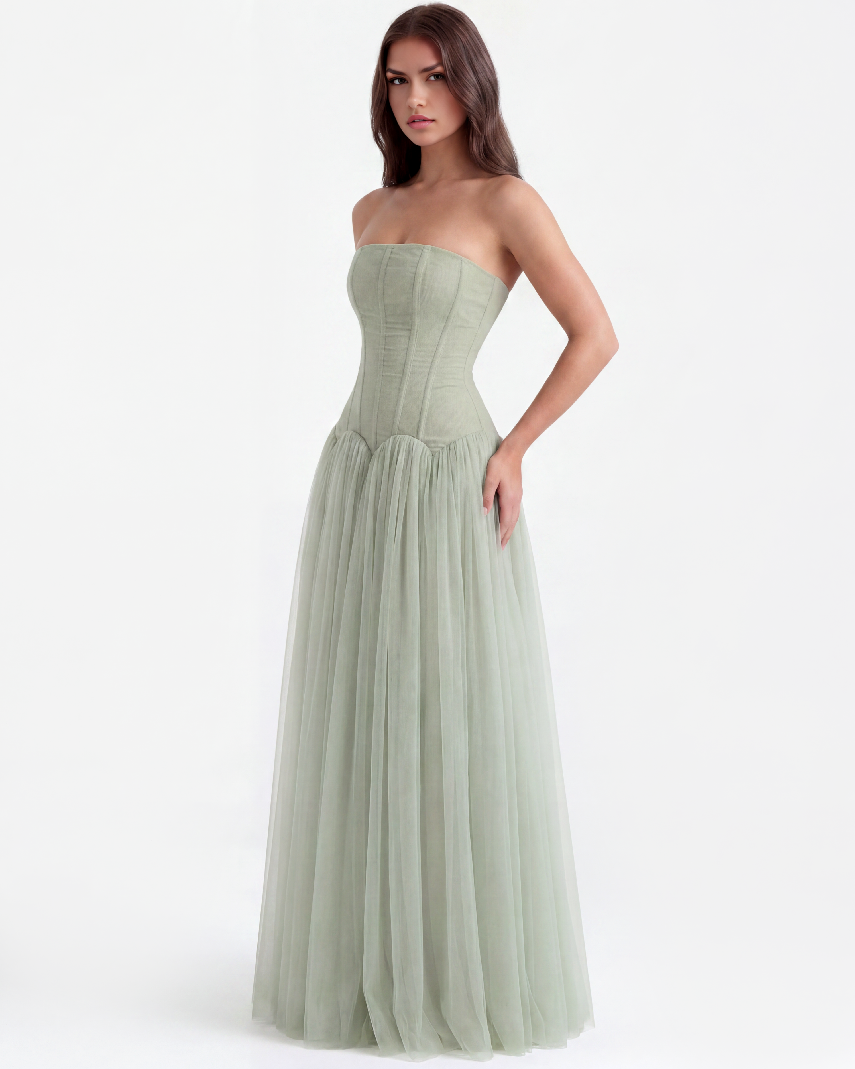 Abito maxi Arabella rete verde Bella di Roma – scollo senza spalline nastro
