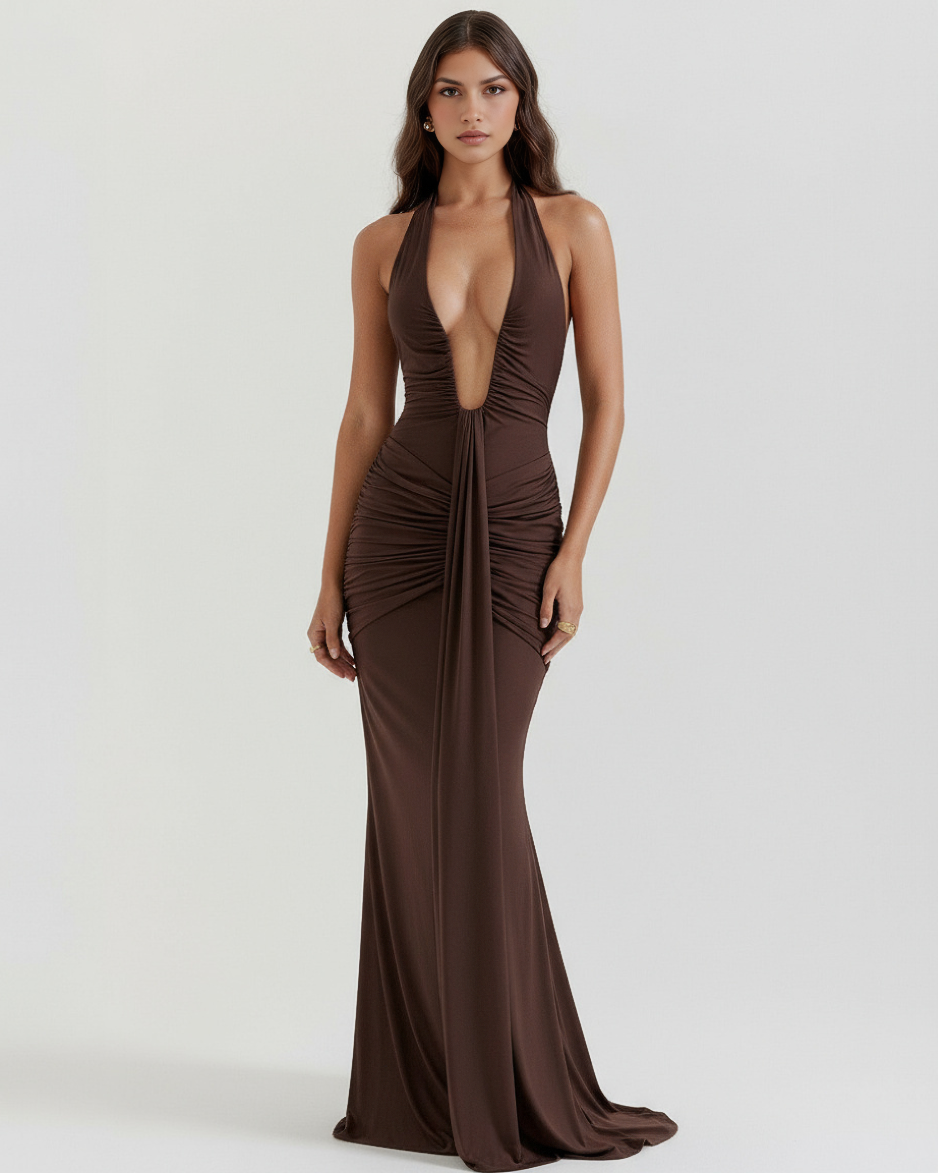 Abito Maxi Ariel Marrone Strascico Bella di Roma – vista frontale