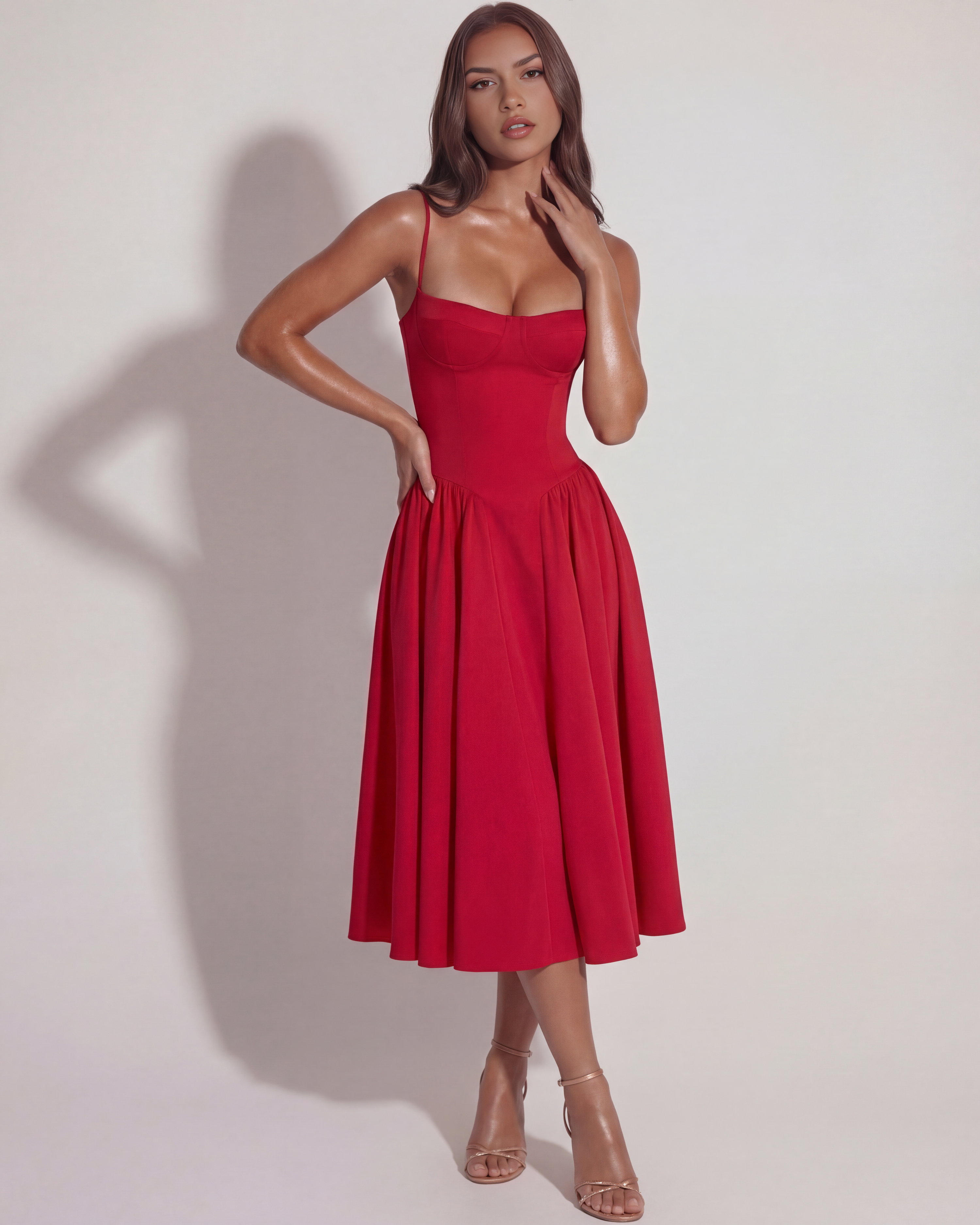 Abito midi Francesca twill rosso Bella di Roma – look serate romantiche