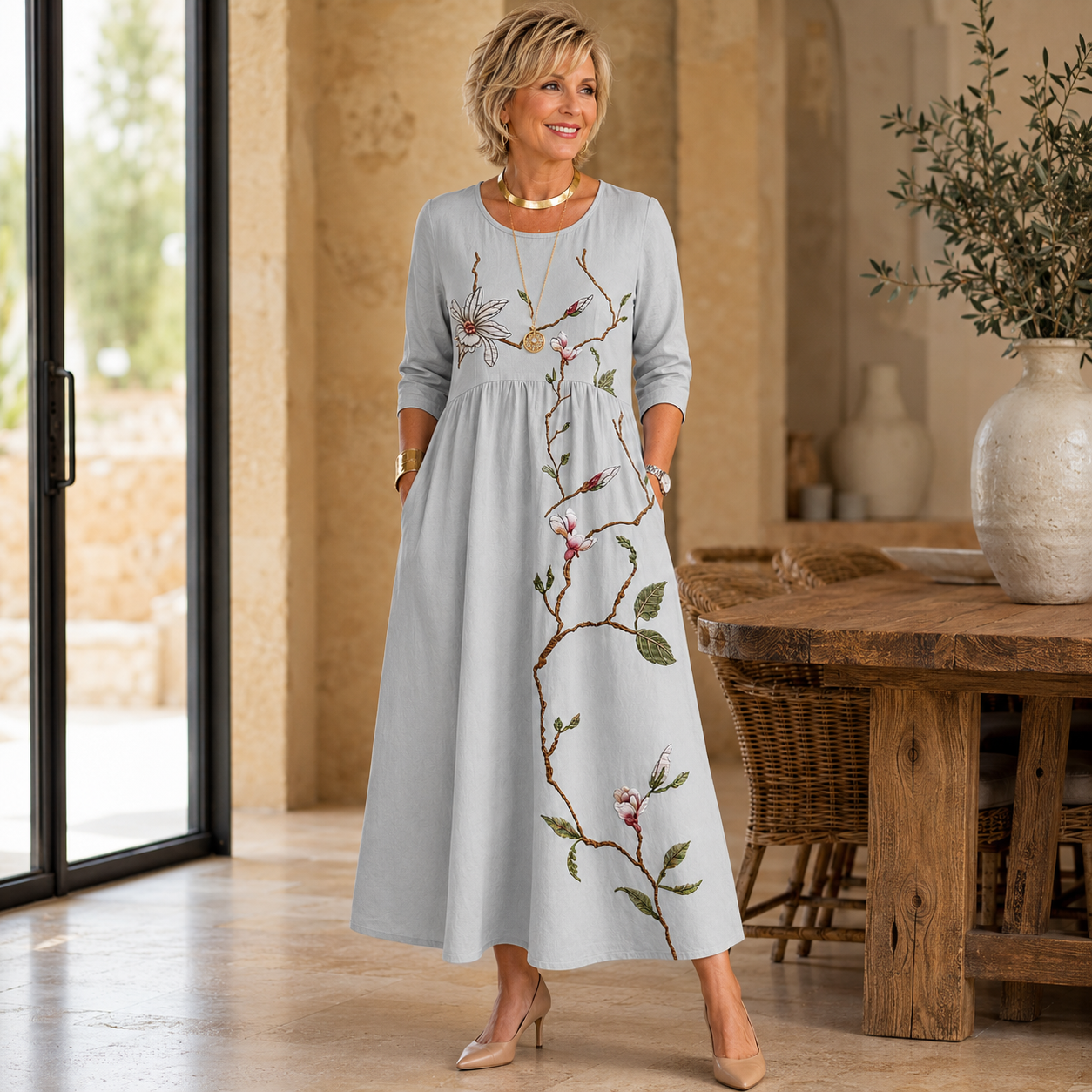 Abito midi grigio argento con fiori di prato e tasche laterali