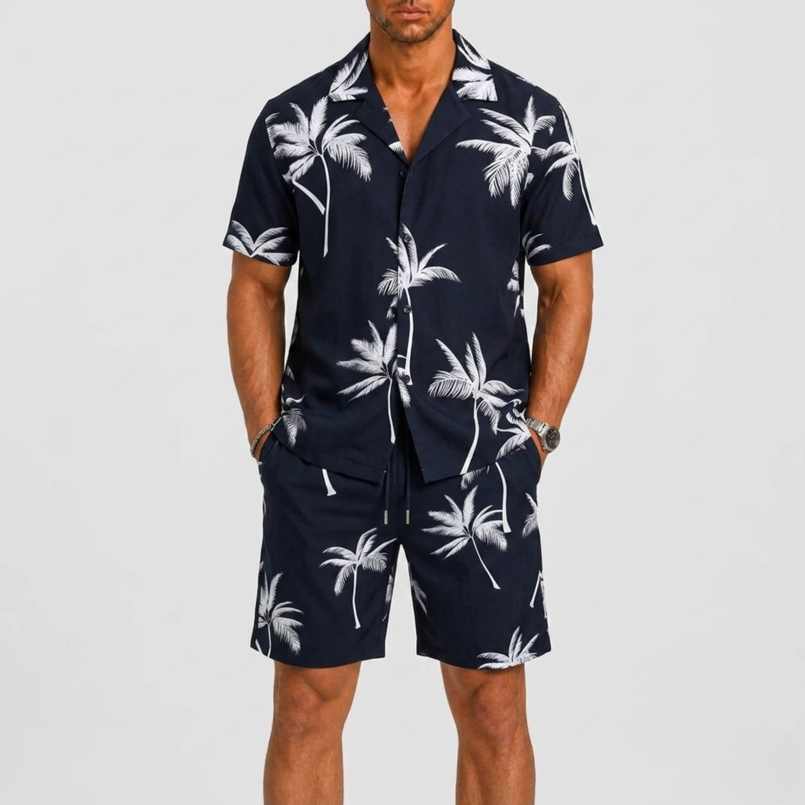Completo estivo uomo con stampa tropicale – vista frontale | Bella di Roma