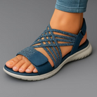 Sandali comfort da donna in blu con fasce elastiche intrecciate e plantare imbottito