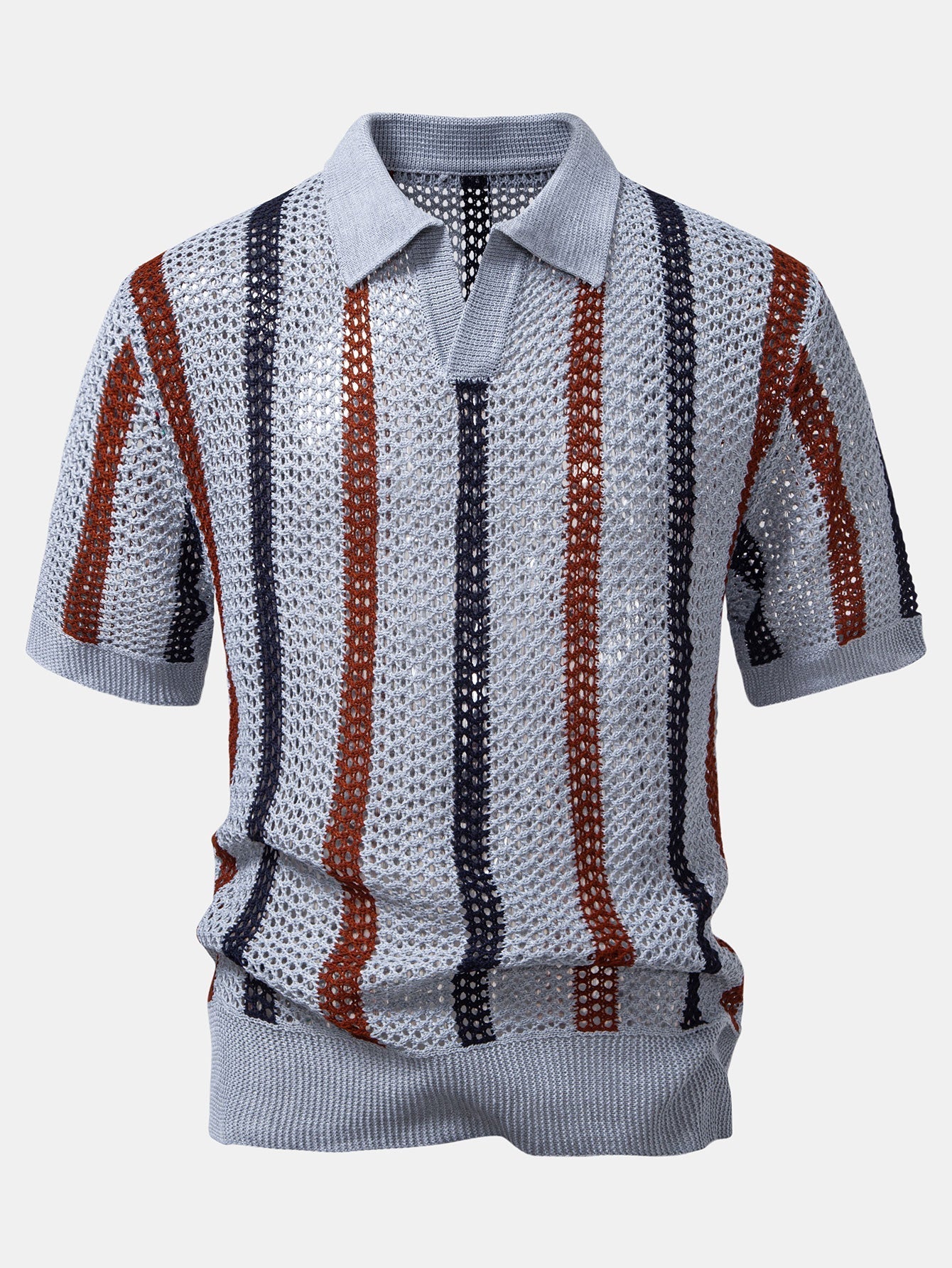 Polo da uomo all'uncinetto a righe con scollo a V
