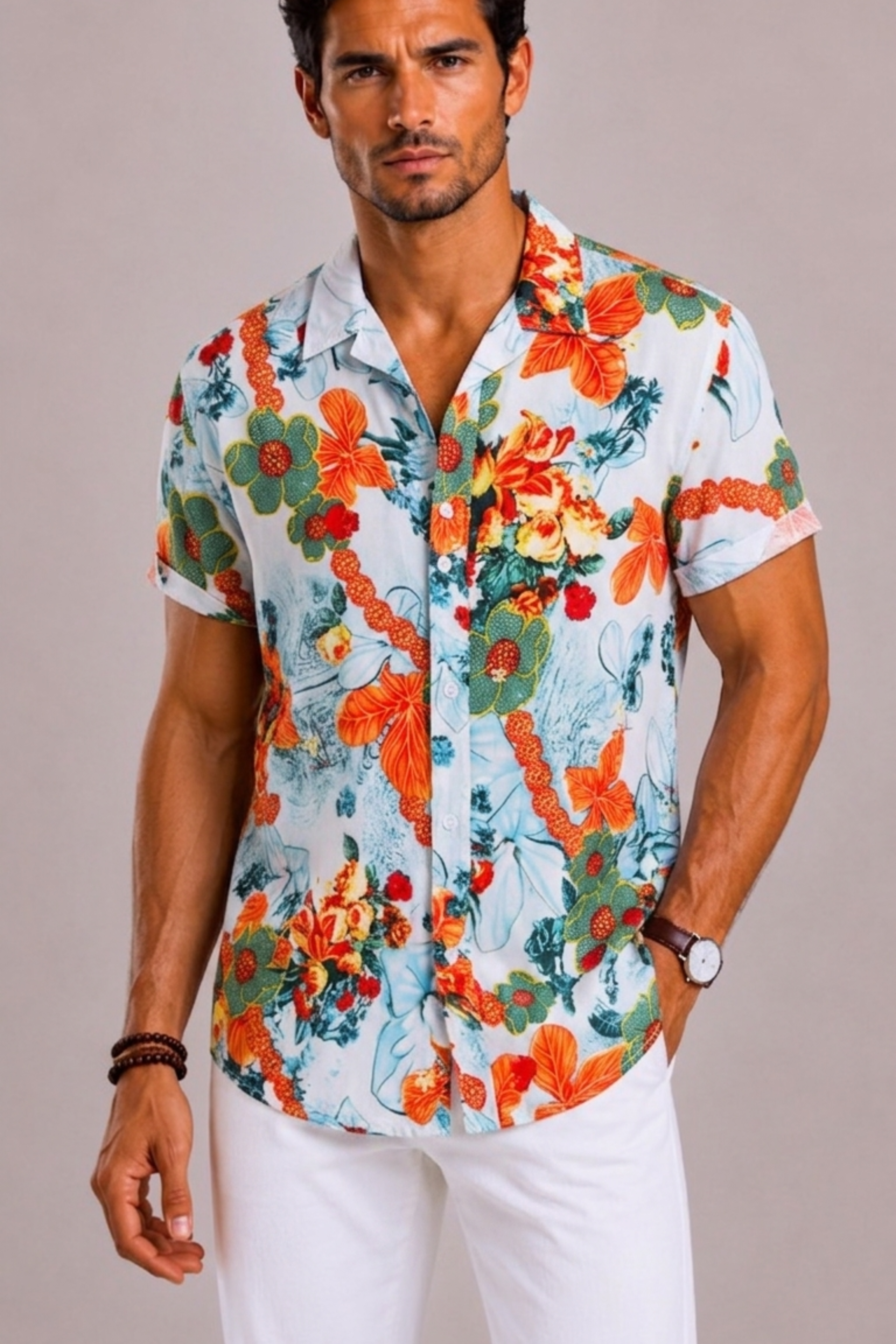Camicia Uomo con Stampa Floreale Tropicale a Maniche Corte | Bella di Roma