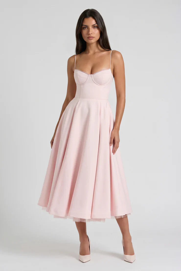 Abito Midi Selene Bianco Blu Baby Satin Bella di Roma – modella