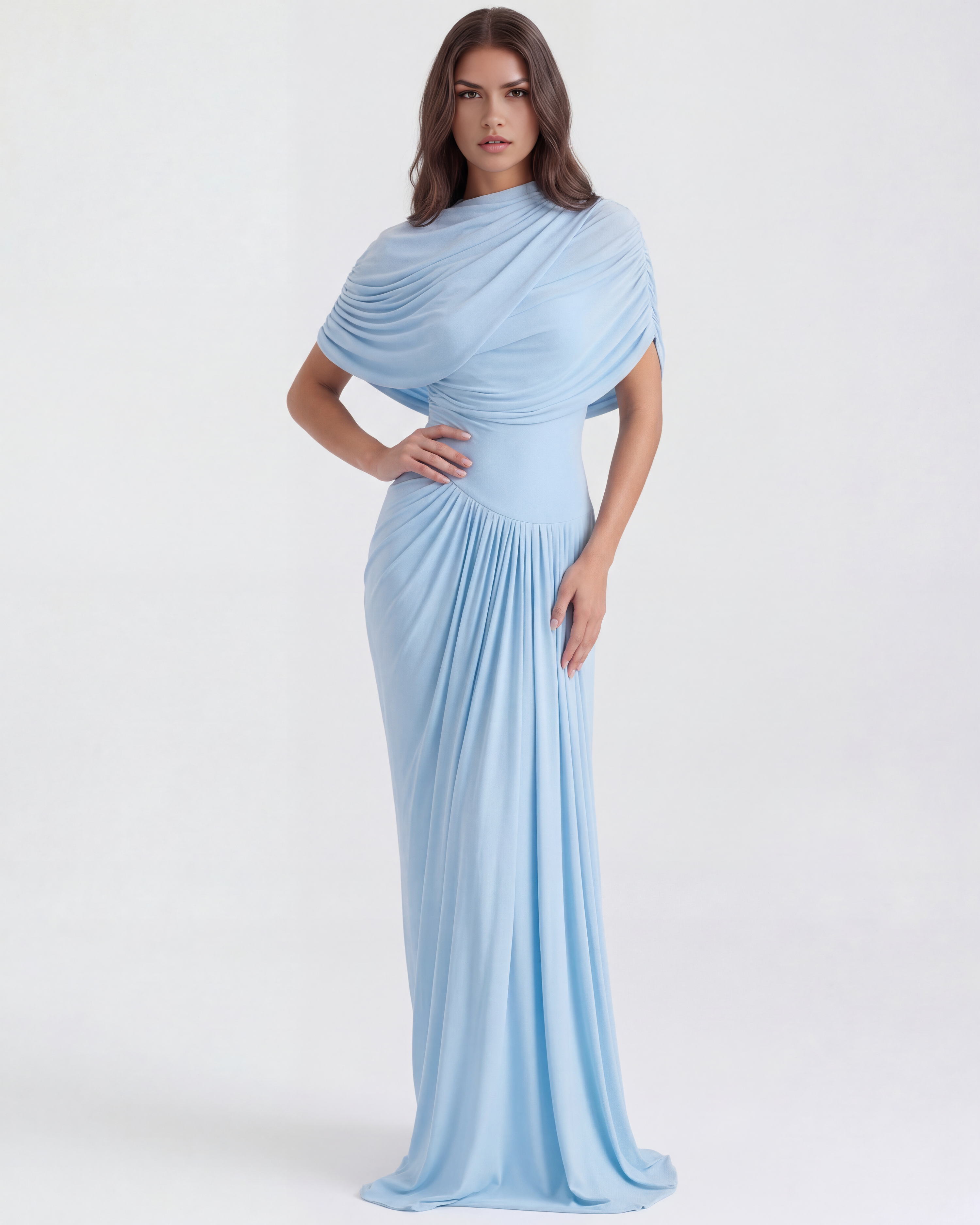 Abito maxi Camilla blu baby scialle drappeggiato Bella di Roma – girocollo sofisticato