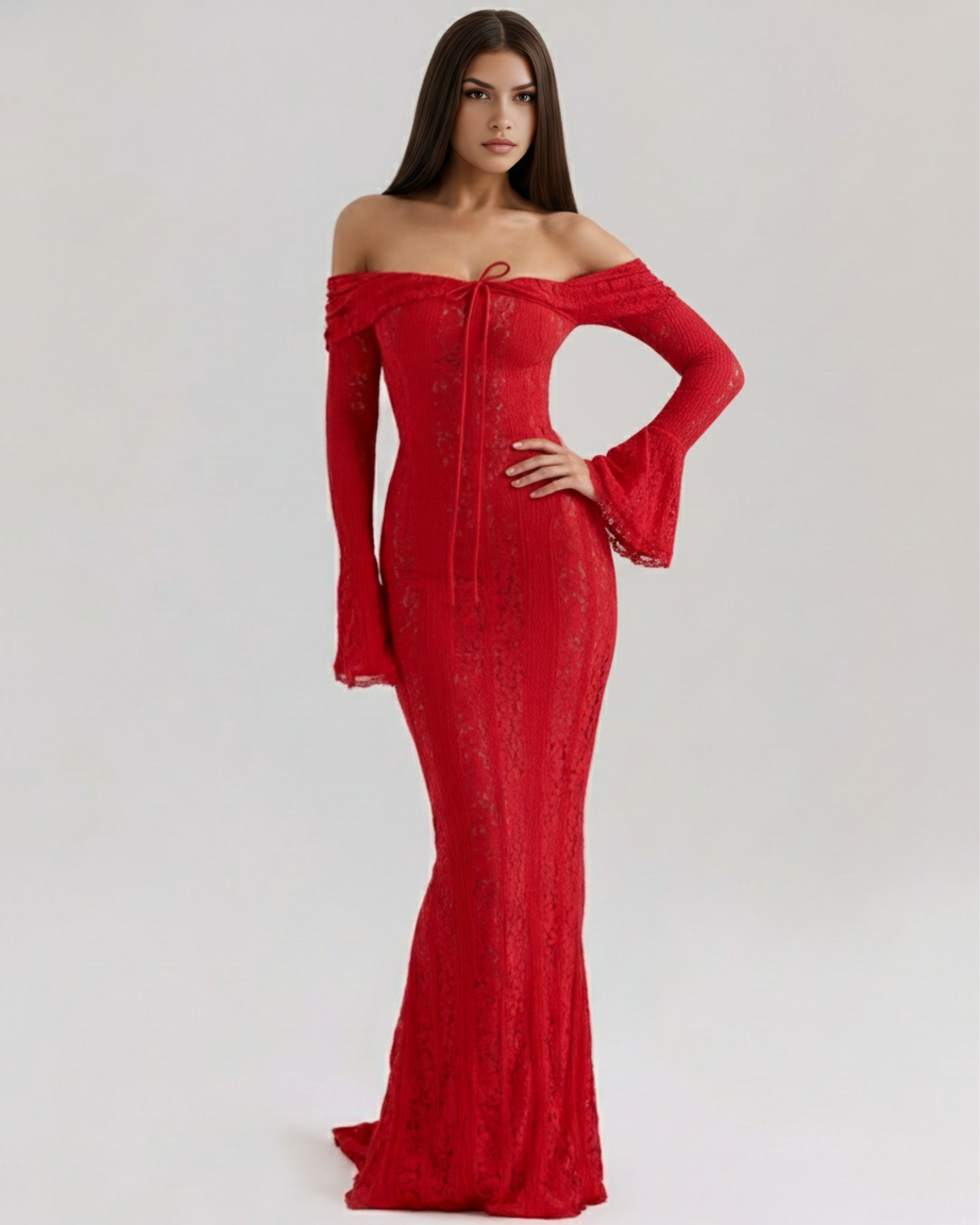 Abito maxi Alessandra pizzo floreale rosso Bella di Roma – corpetto off-shoulder
