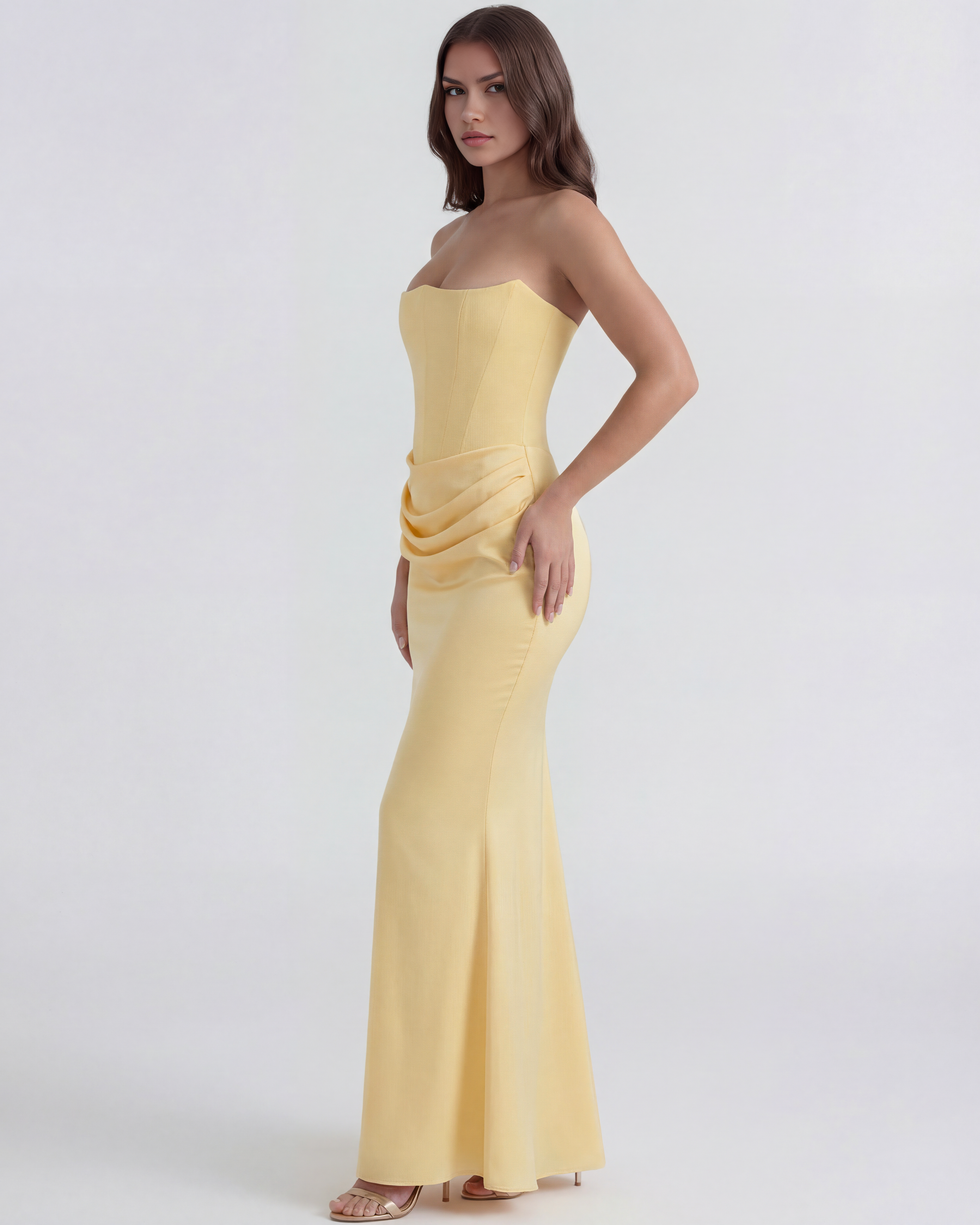 Abito midi Rosalind giallo burro corsetto Bella di Roma – look garden party