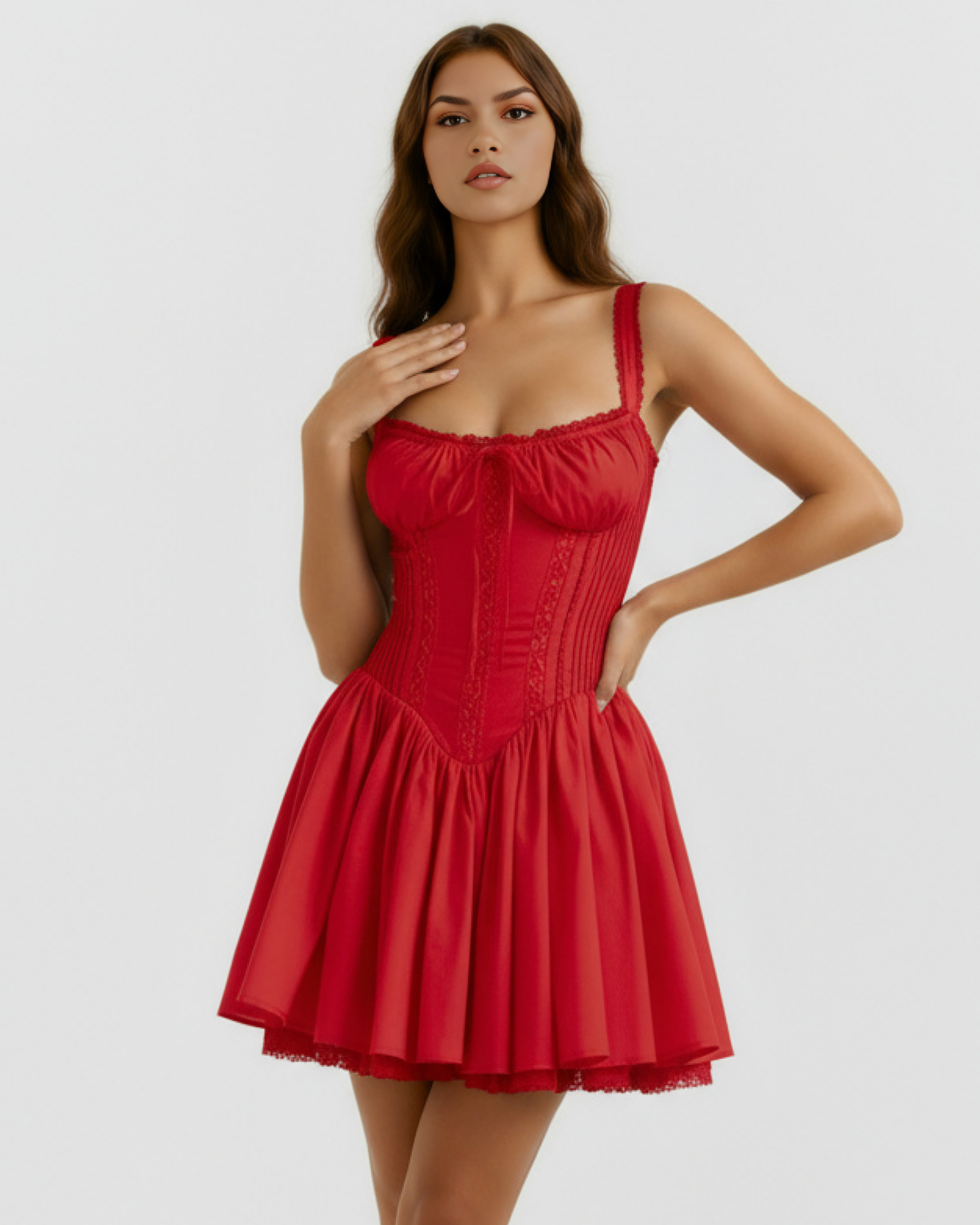 Abito mini Luna rosso scollo cuore Bella di Roma – schiena con lacci