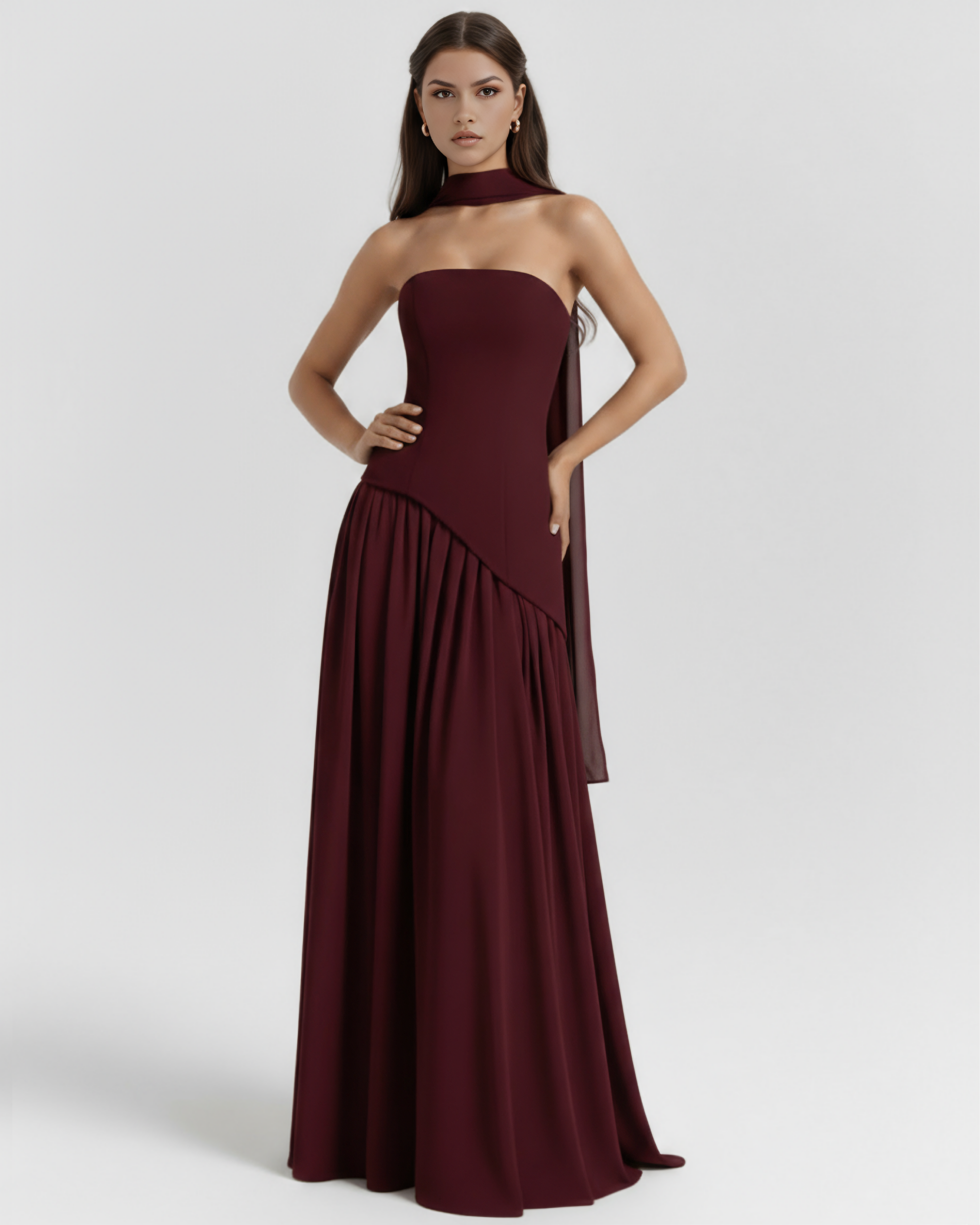 Abito maxi Serena lacca ciliegia Bella di Roma – drappeggio asimmetrico vita