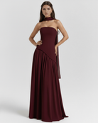 Abito maxi Serena borgogna Bella di Roma – corpetto crepe senza spalline