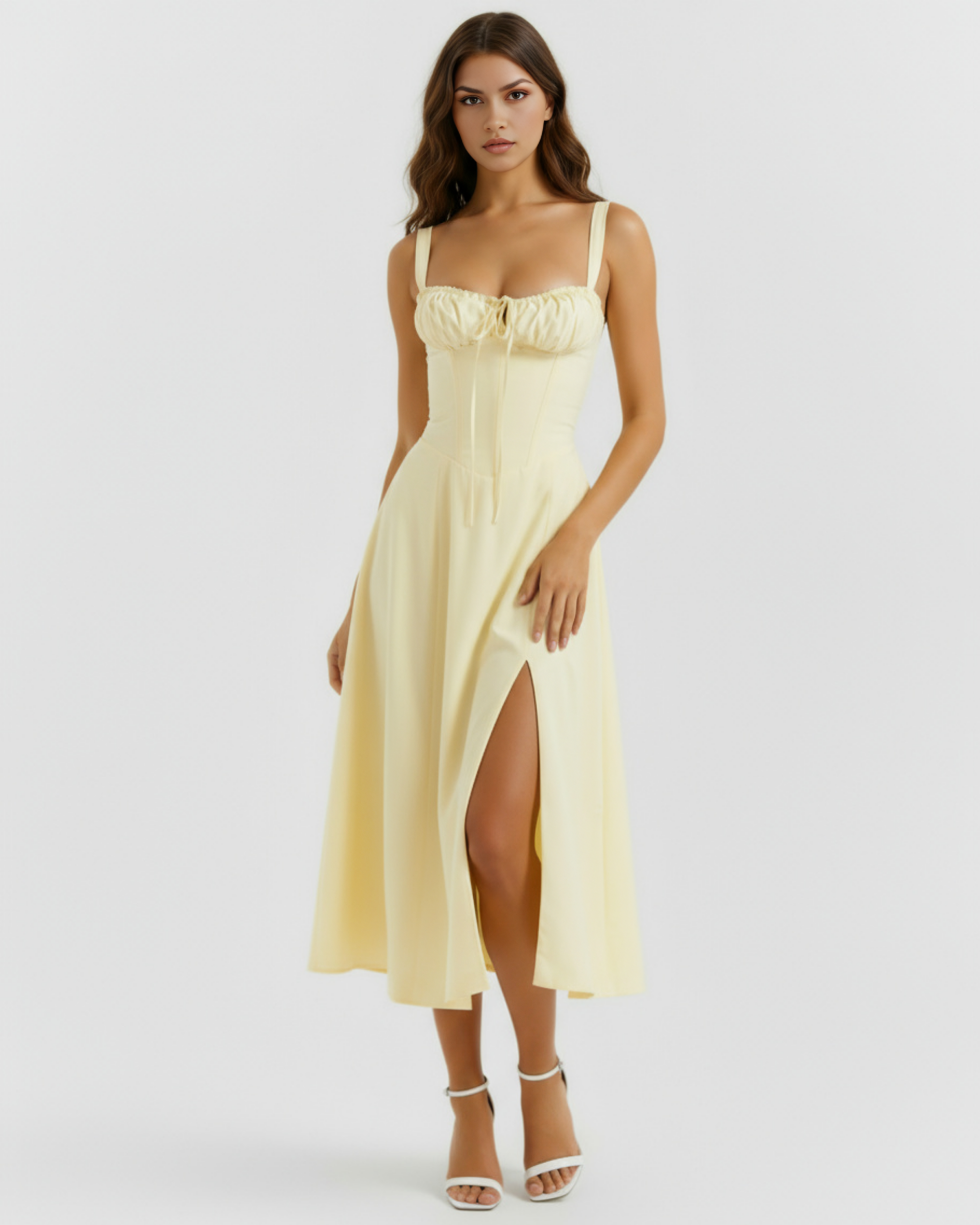 Abito midi Aurora corsetto giallo chiaro Bella di Roma – décolleté arricciato