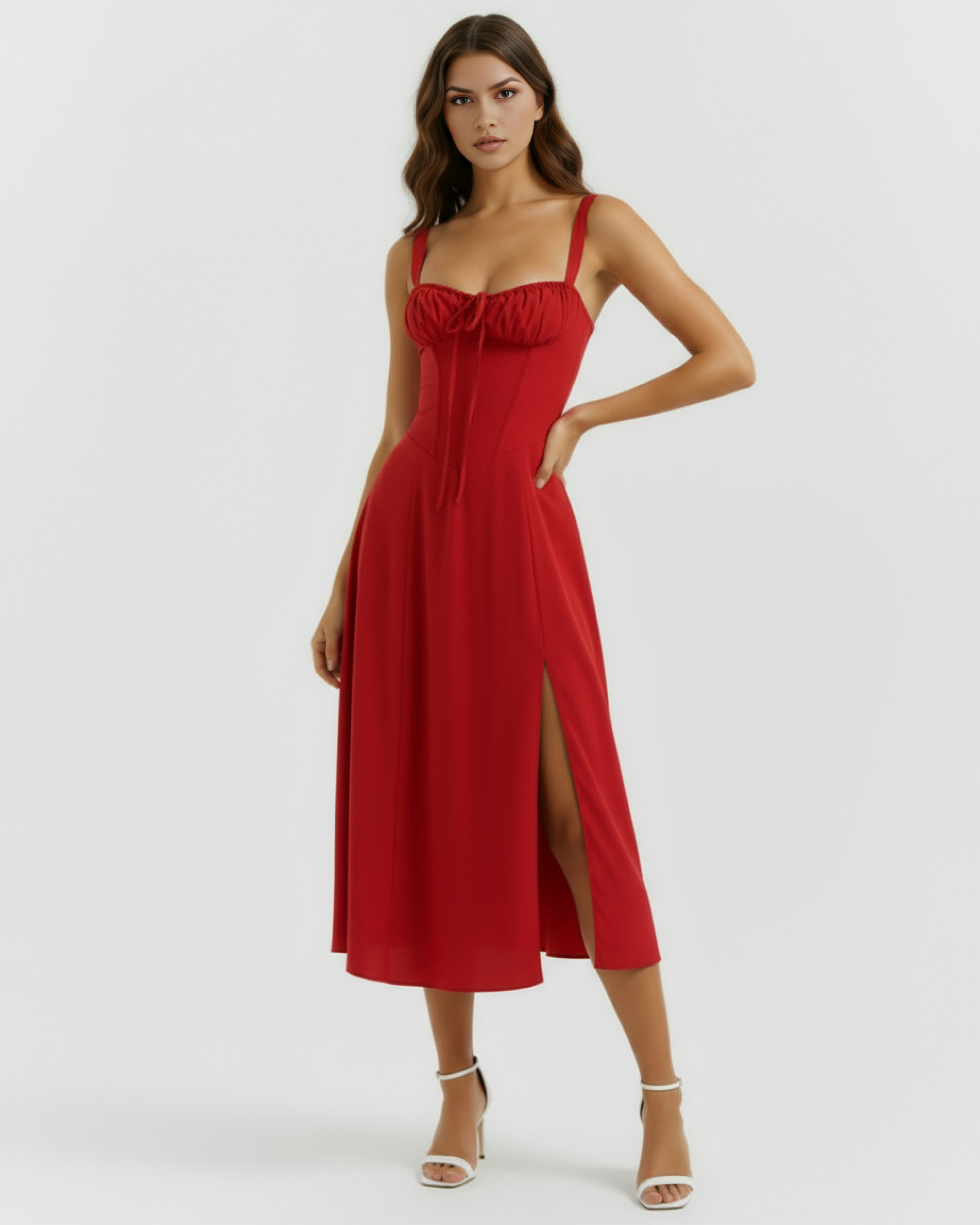 Abito midi Aurora corsetto rosso Bella di Roma – schiena allacciata