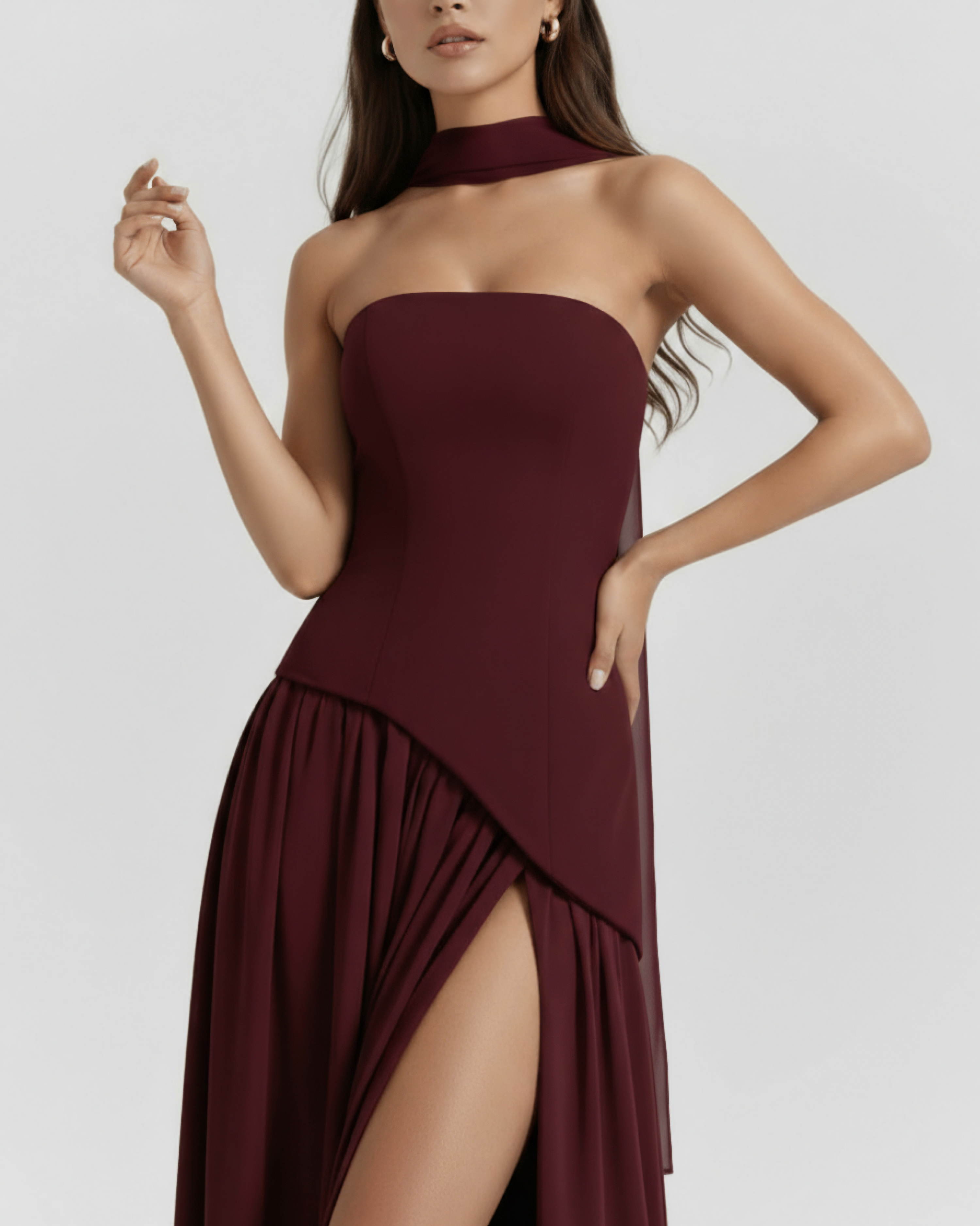 Abito maxi Serena lacca ciliegia Bella di Roma – silhouette a clessidra