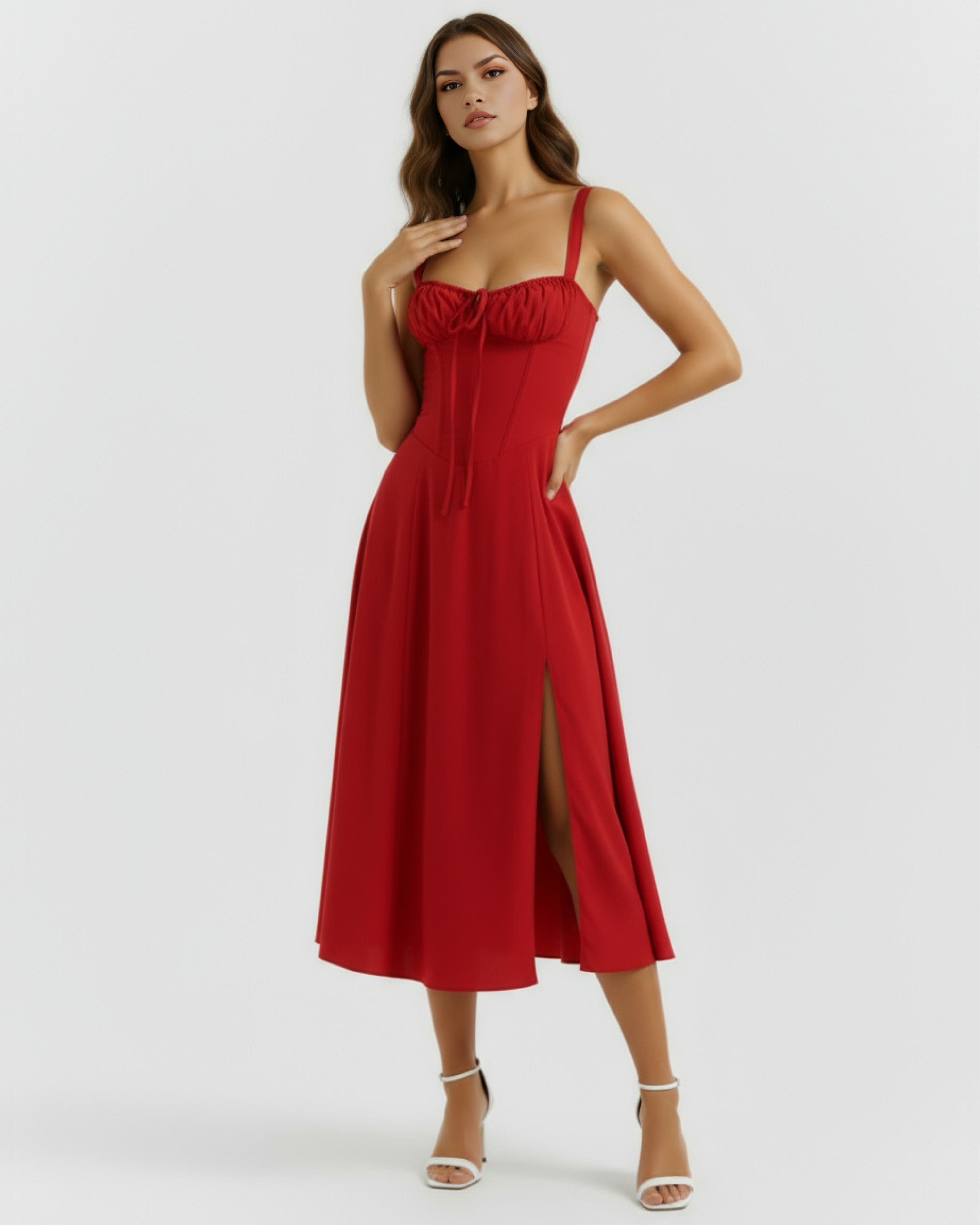 Abito midi Aurora corsetto rosso Bella di Roma – lunghezza 124 cm