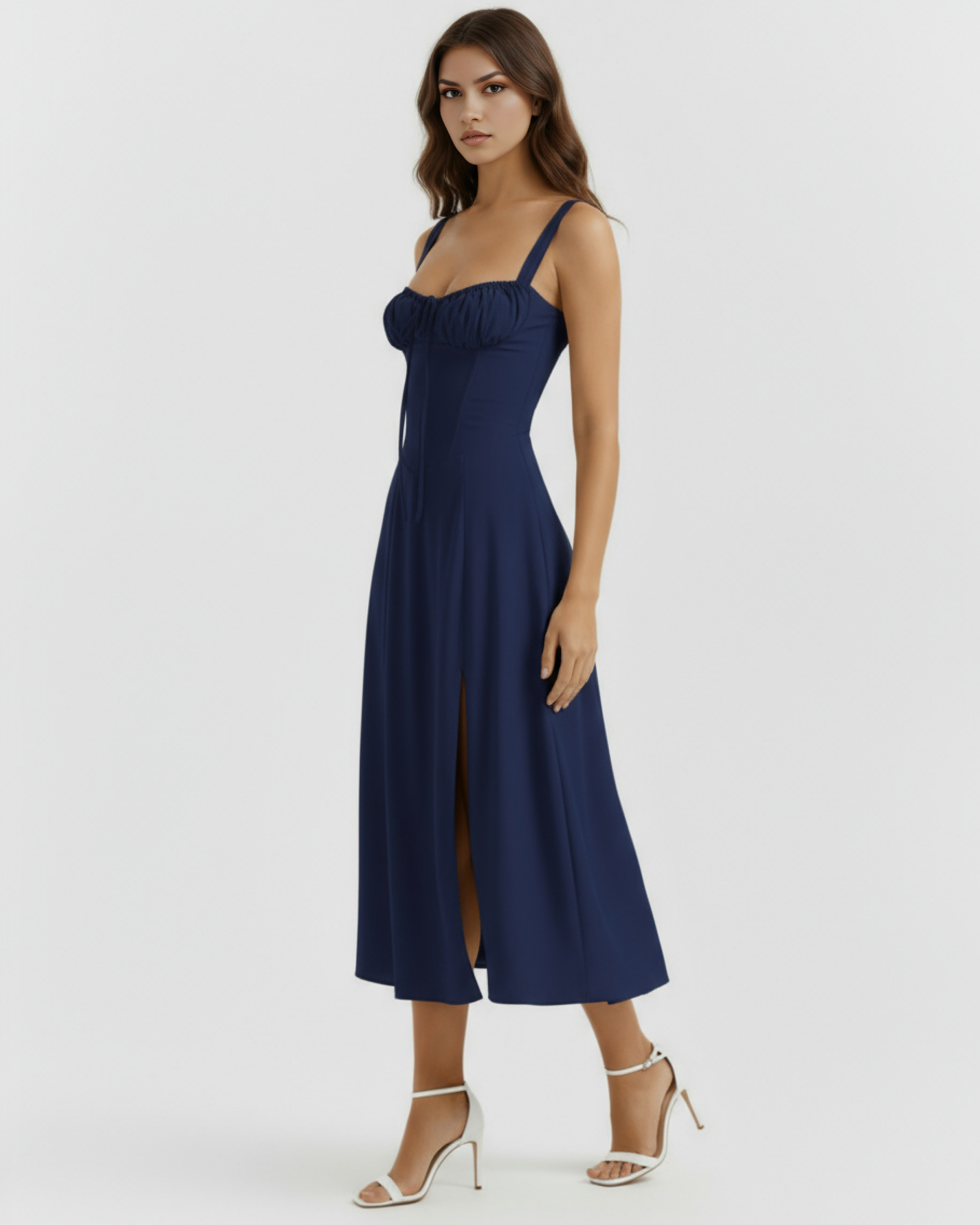 Abito midi Aurora corsetto blu scuro Bella di Roma – silhouette sofisticata