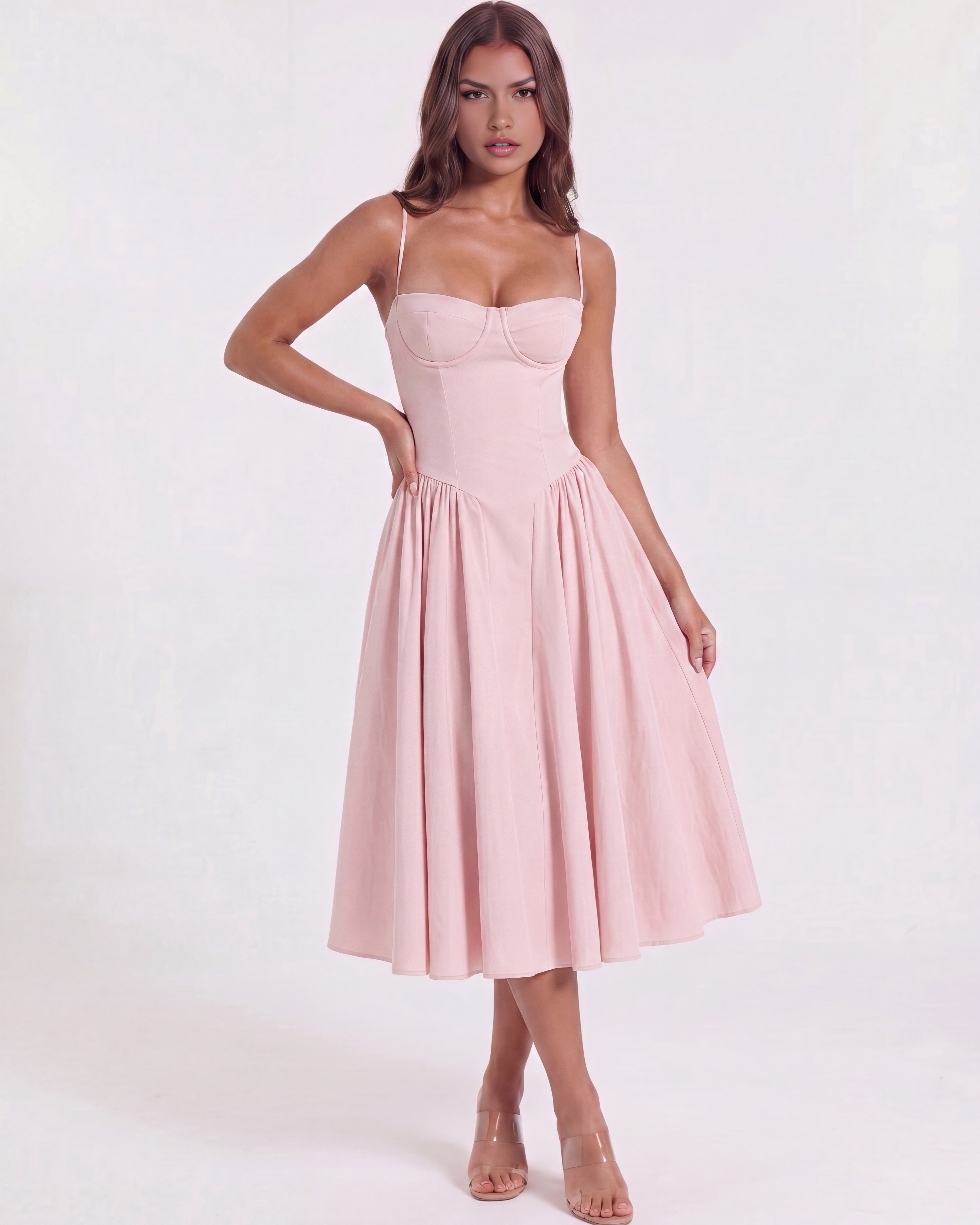 Abito midi Francesca twill rosa chiaro Bella di Roma – scollo cuore imbottito