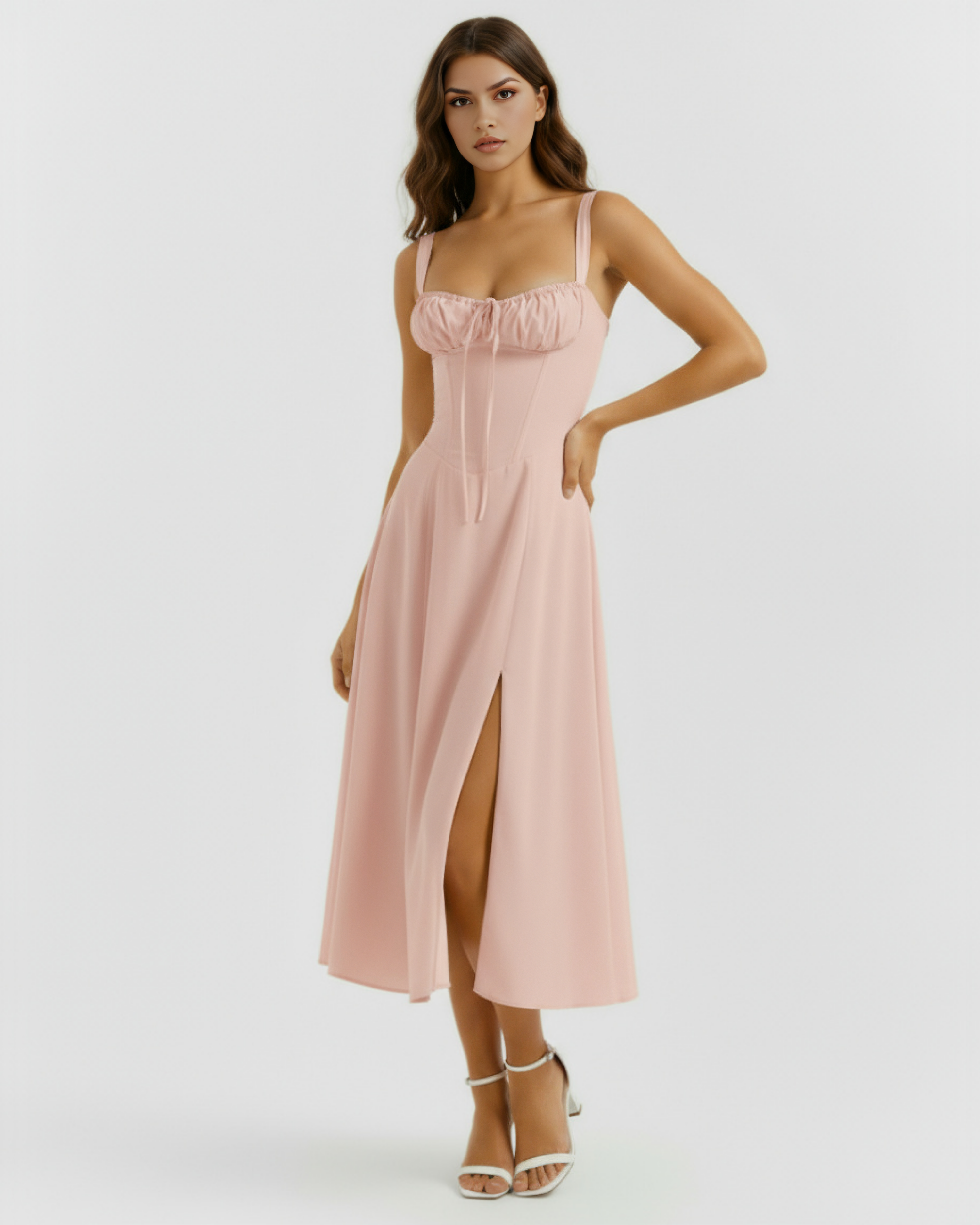 Abito midi Aurora corsetto rosa Bella di Roma – décolleté arricciato