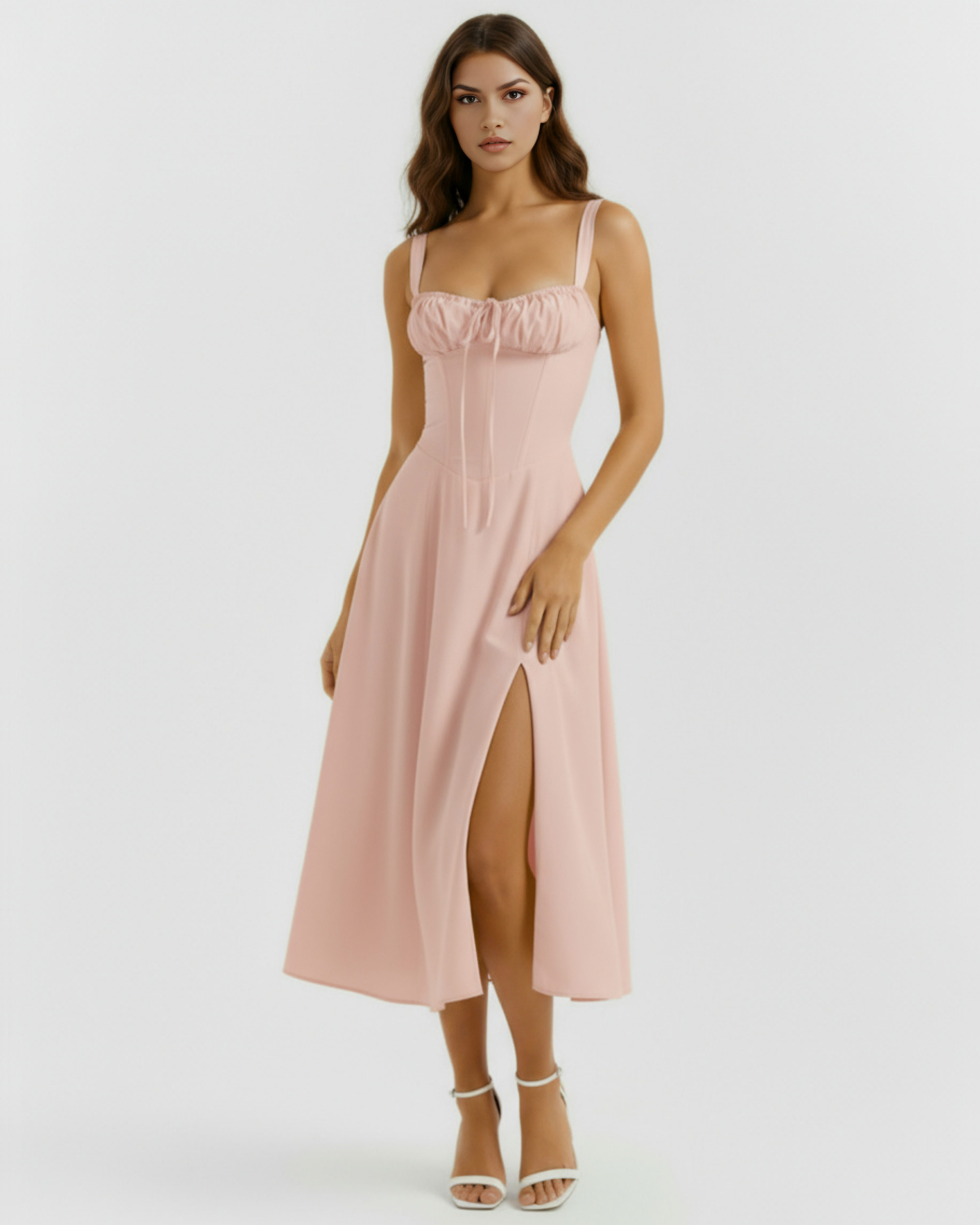 Abito midi Aurora corsetto rosa Bella di Roma – silhouette femminile