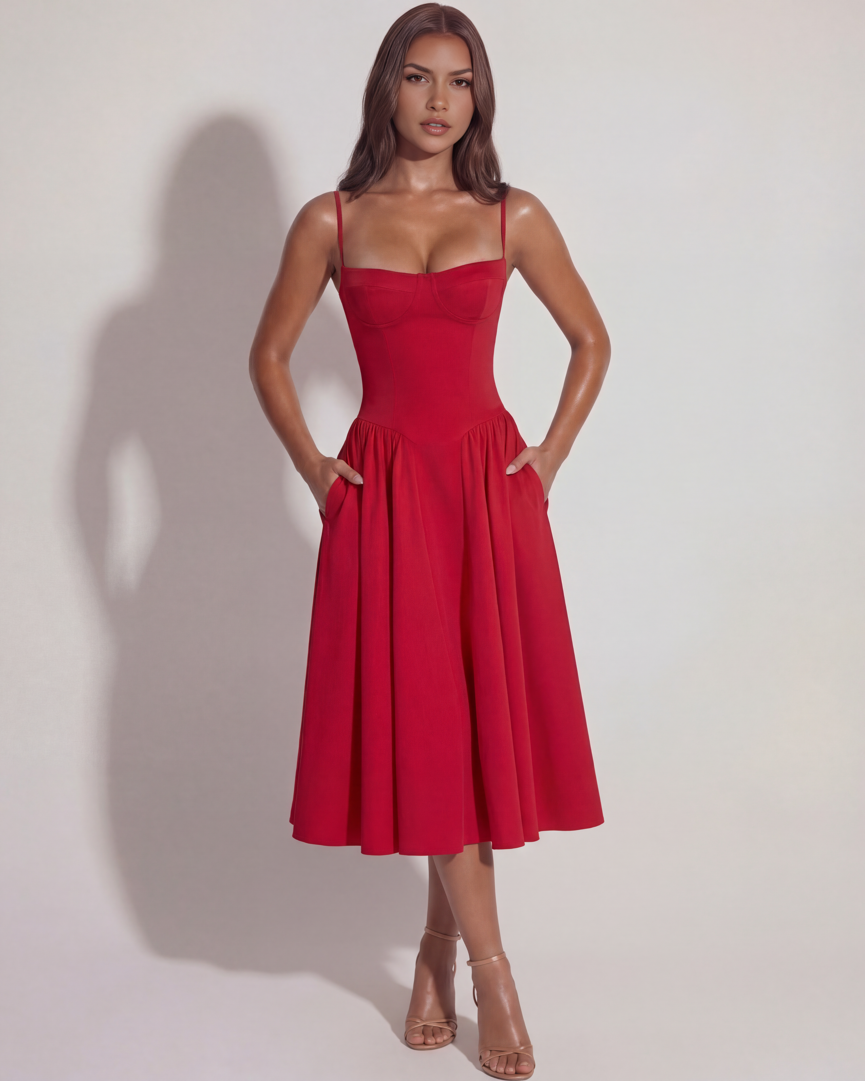 Abito midi Francesca twill rosso Bella di Roma – gonna raccolta