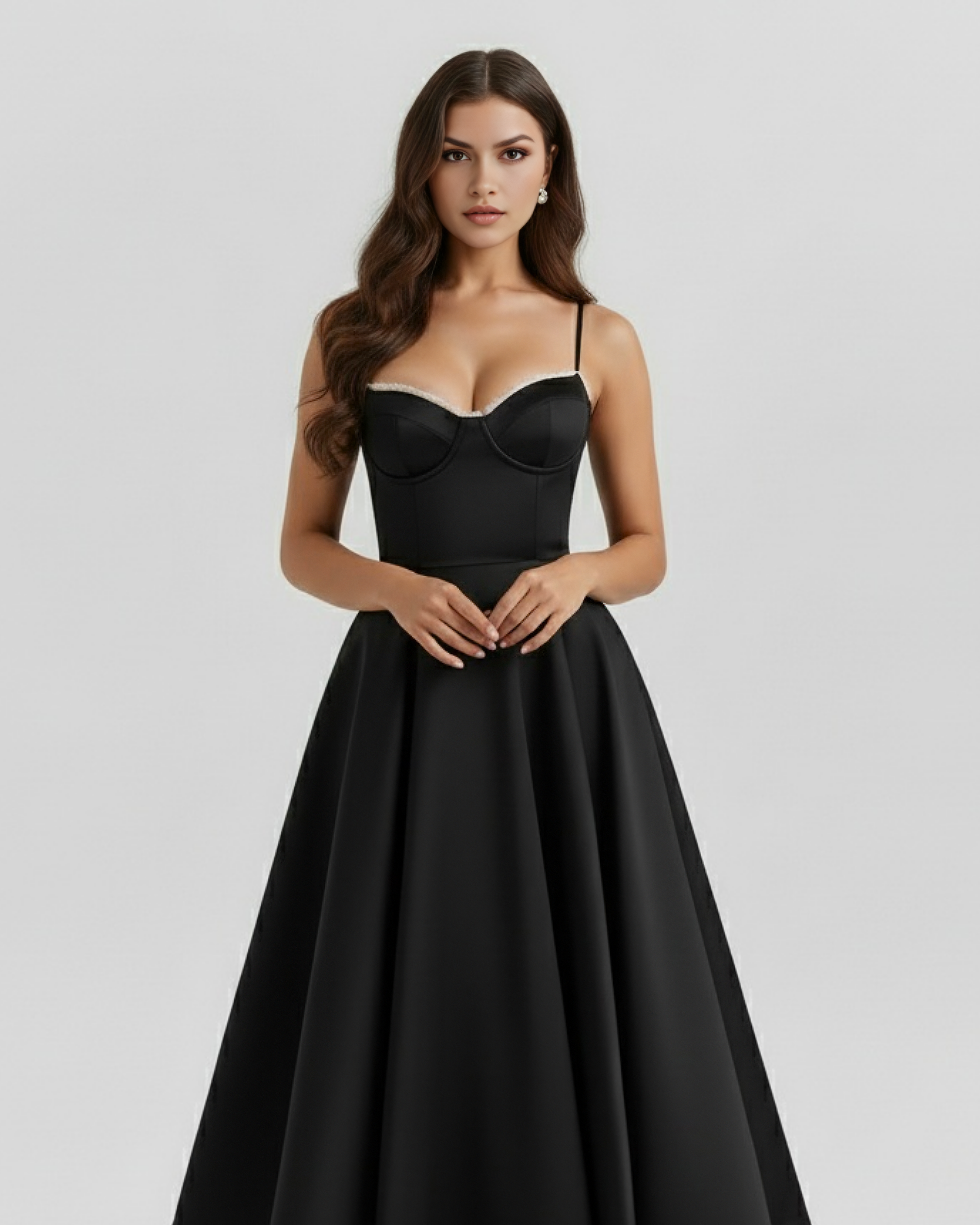 Abito Midi Selene Nero Satin Bella di Roma – modella