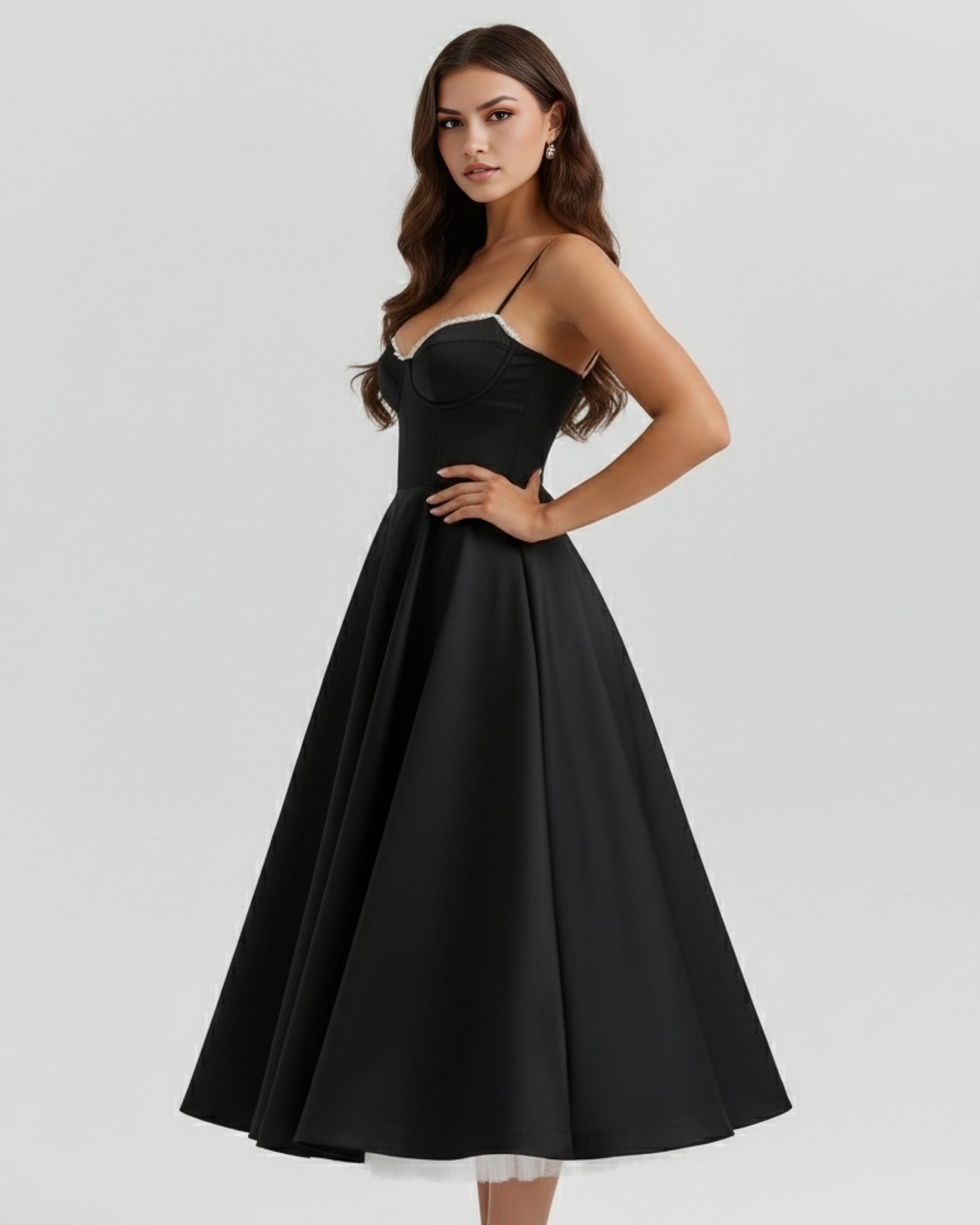 Abito midi Selene nero satin tulle Bella di Roma – scollo cuore