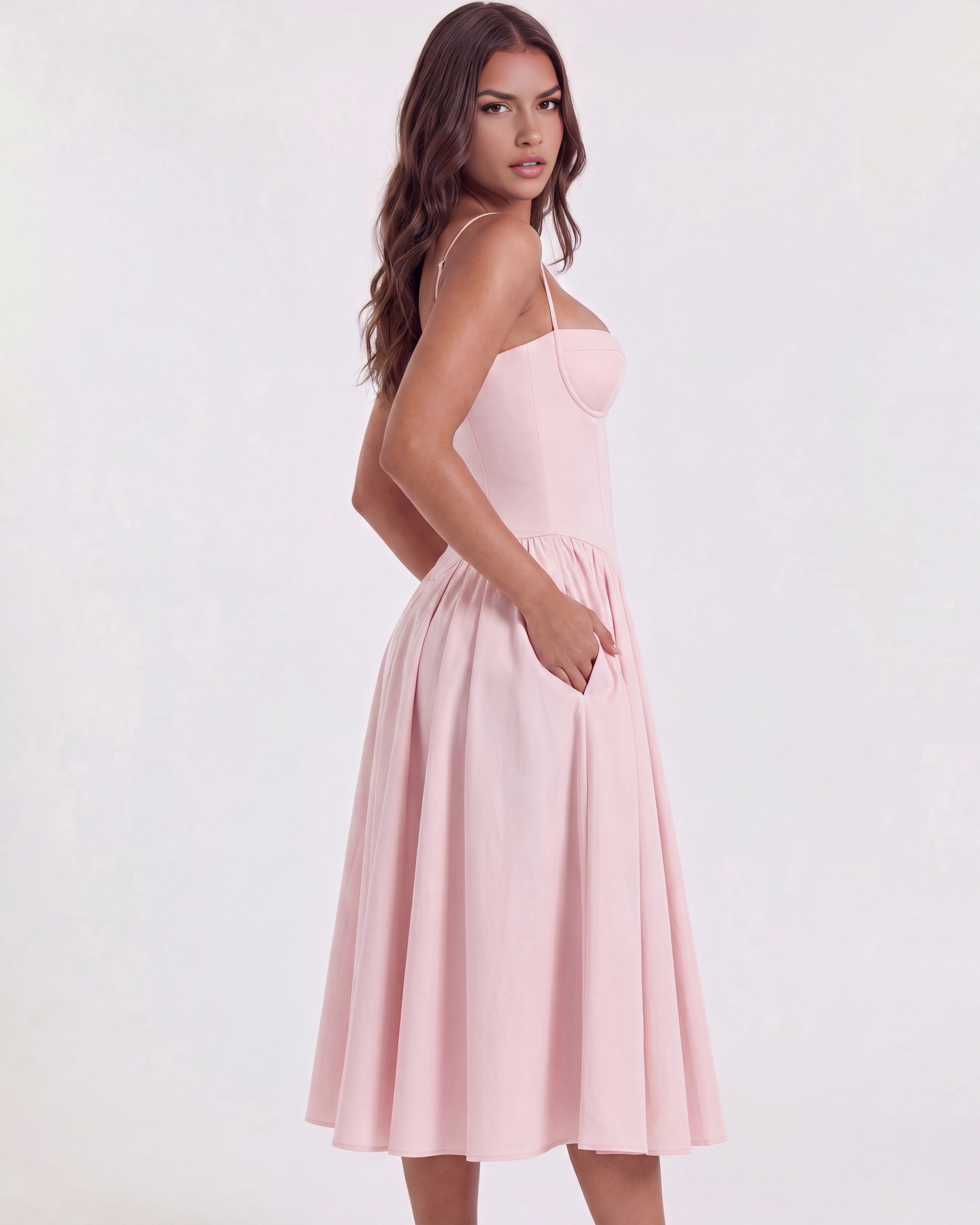 Abito midi Francesca twill rosa chiaro Bella di Roma – tasche nascoste