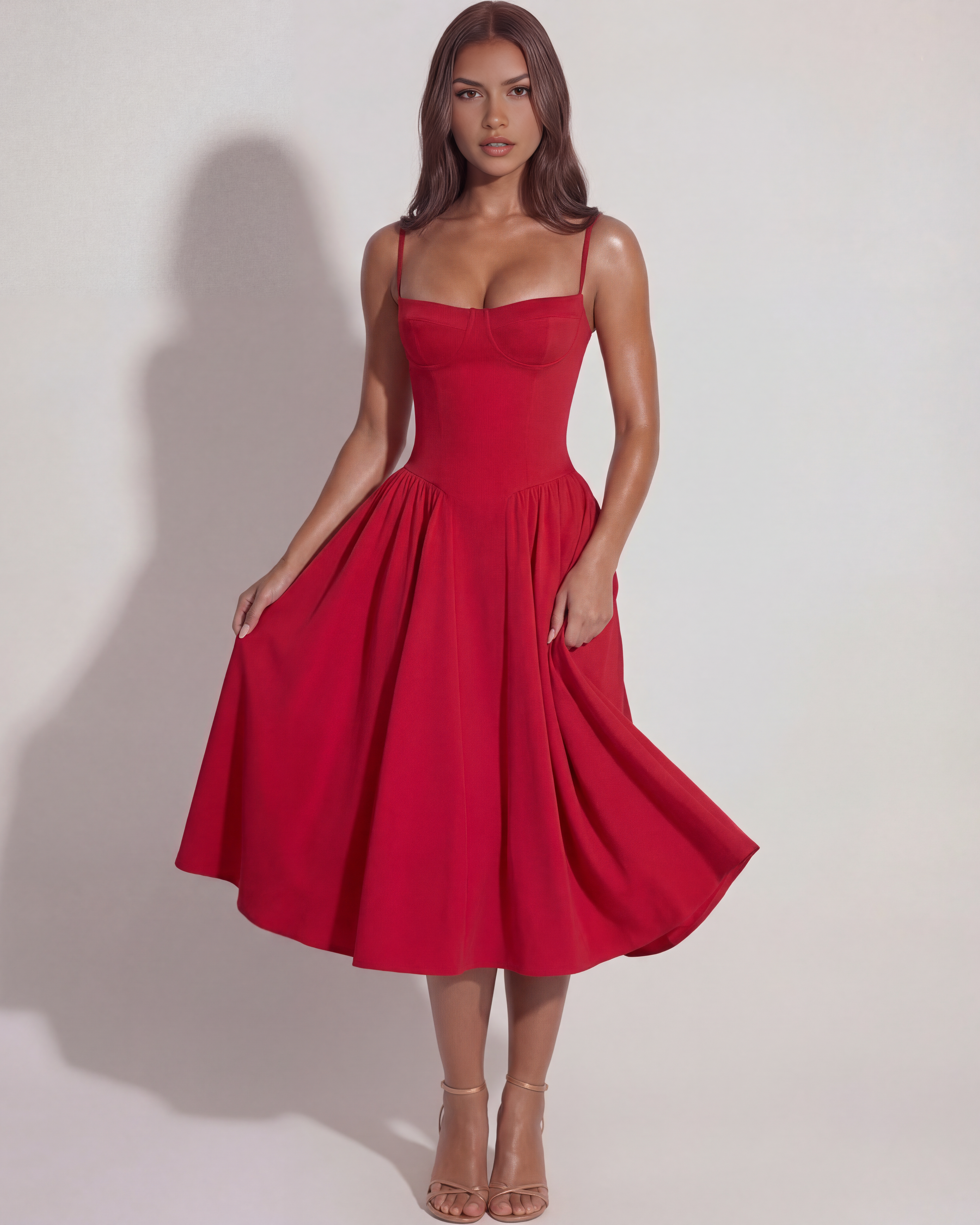 Abito midi Francesca twill rosso Bella di Roma – tasche nascoste