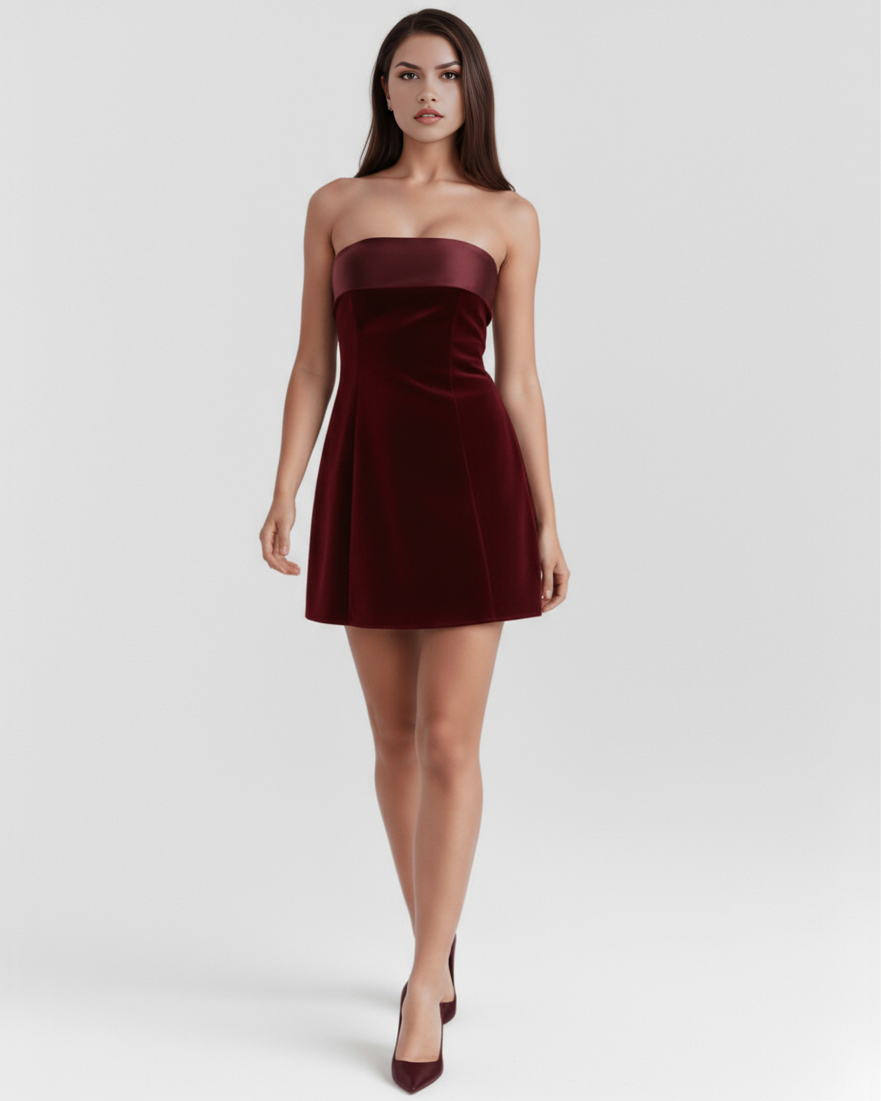 Abito mini Valentina bandeau velluto borgogna Bella di Roma – gonna A-line