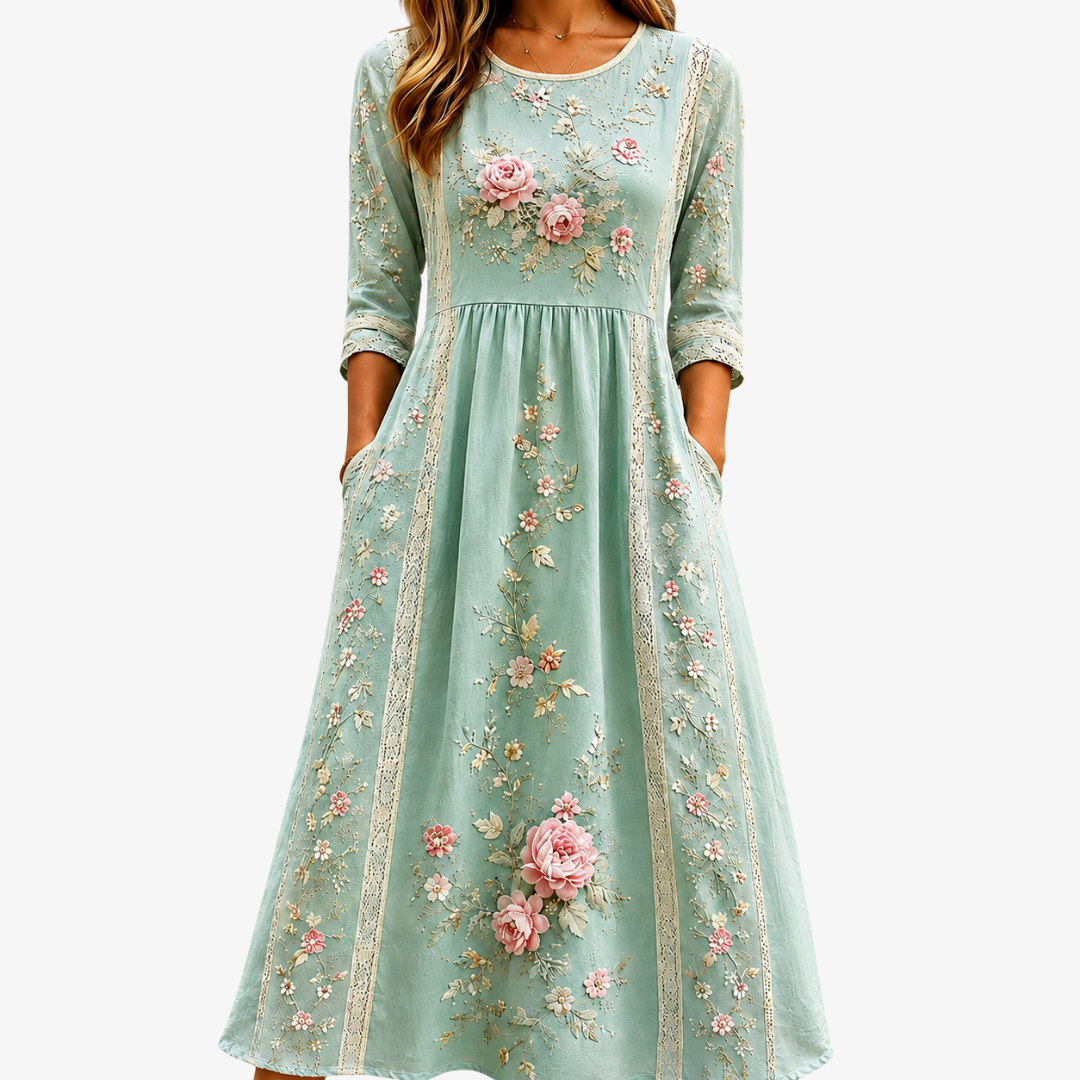 Abito midi rosa tenue con stampa a rose