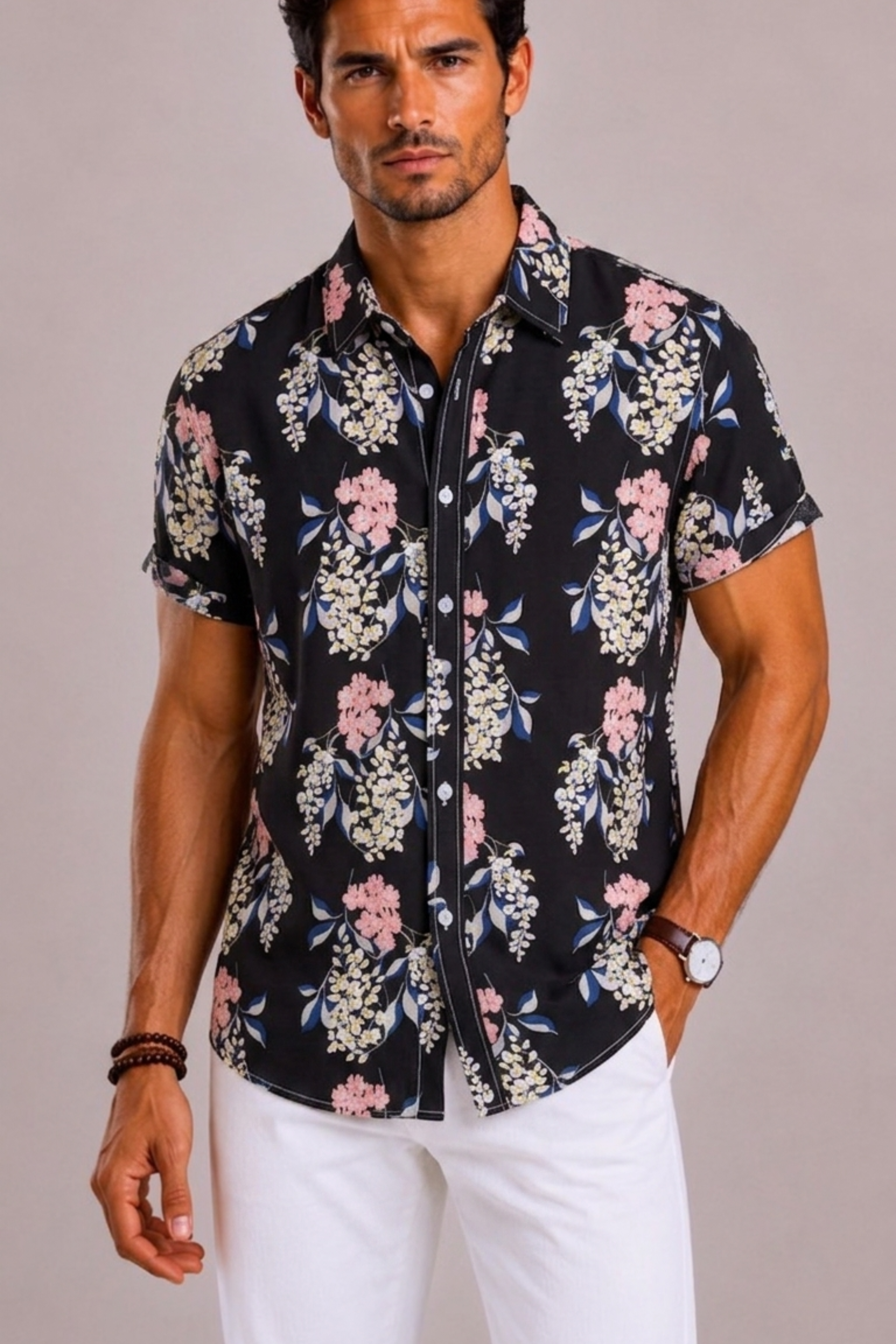 Camicia Uomo con Stampa Floreale Tropicale a Maniche Corte | Bella di Roma