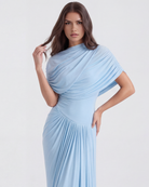 Abito maxi Camilla blu baby scialle drappeggiato Bella di Roma – orlo grezzo bohémien